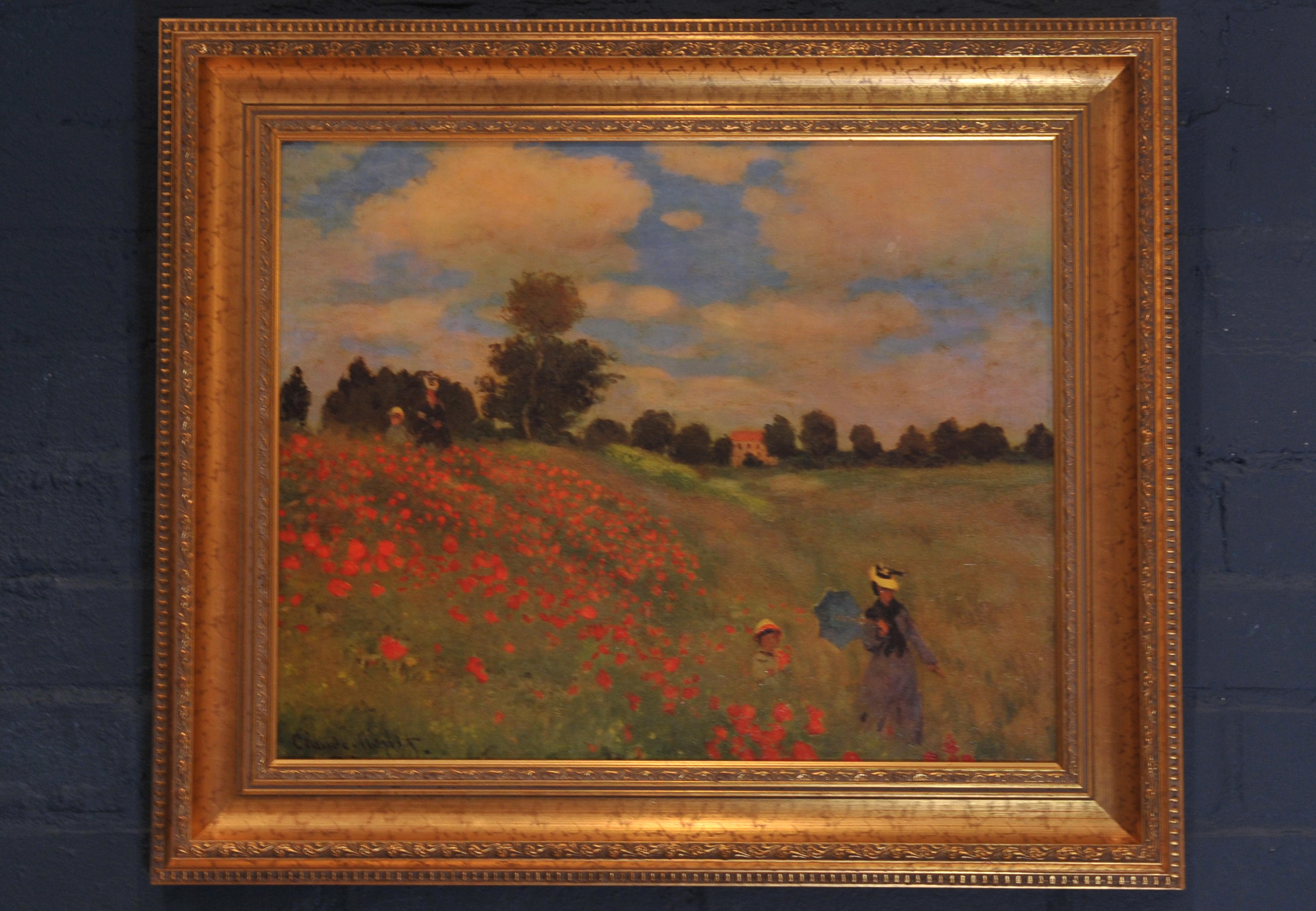 French Provincial Claude Monet Les Coquelicots 1873 Reproduction Oil Painting With Gilt Frame For Sale