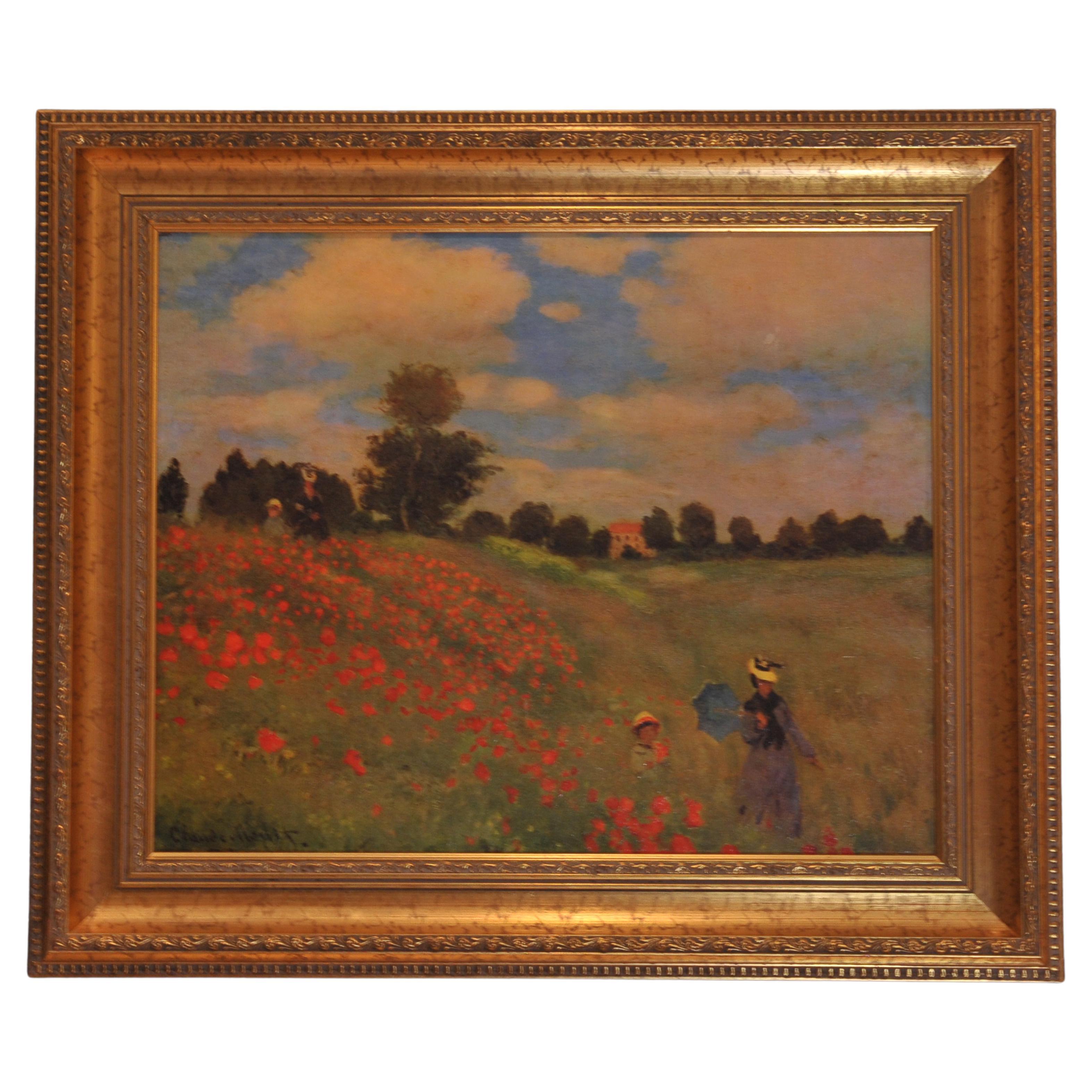 Claude Monet Les Coquelicots 1873 Reproduction Oil Painting With Gilt Frame For Sale