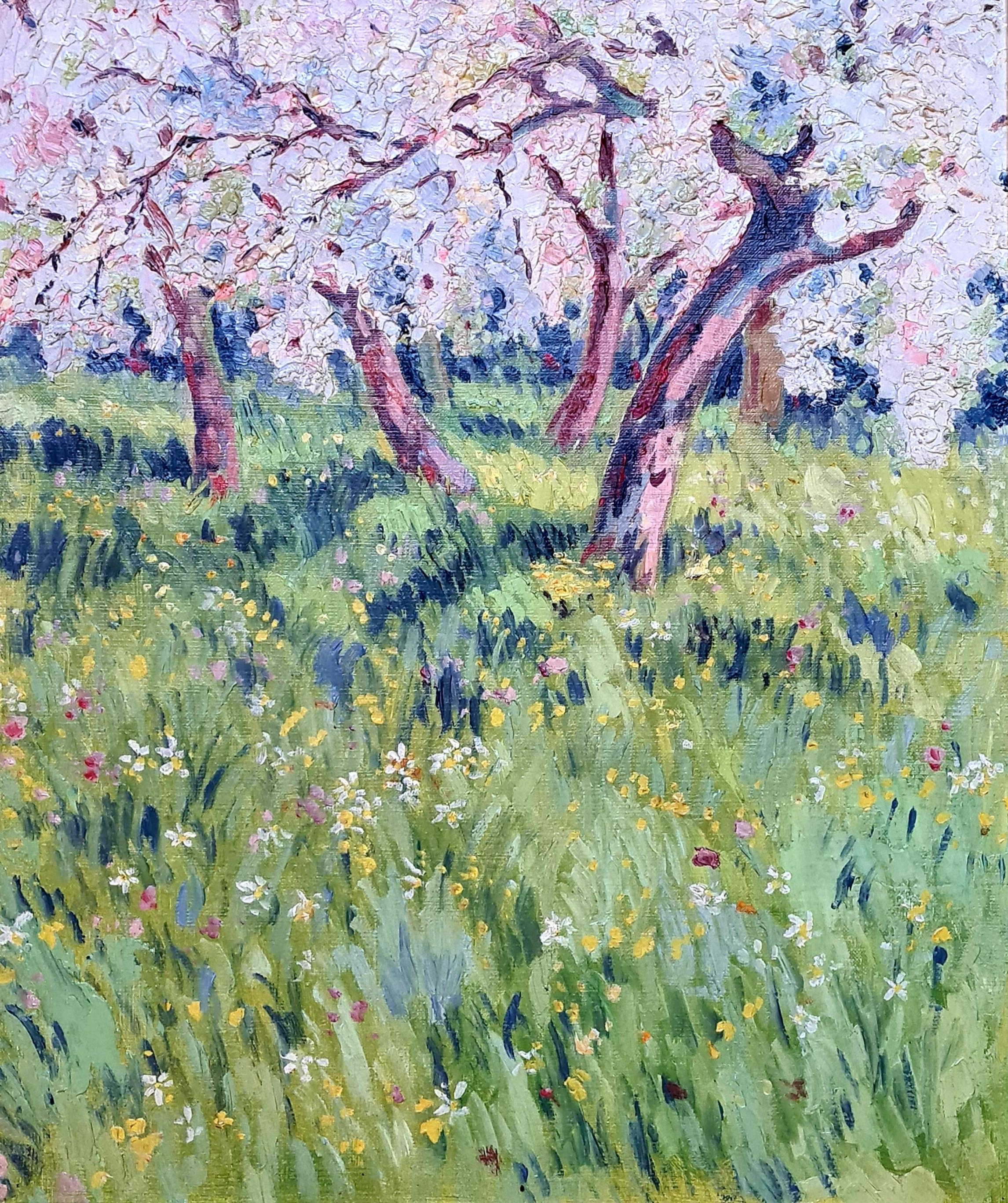Apple Trees in Blossom at Giverny, French Impressionist Spring Landscape. - Painting by Claude Monet