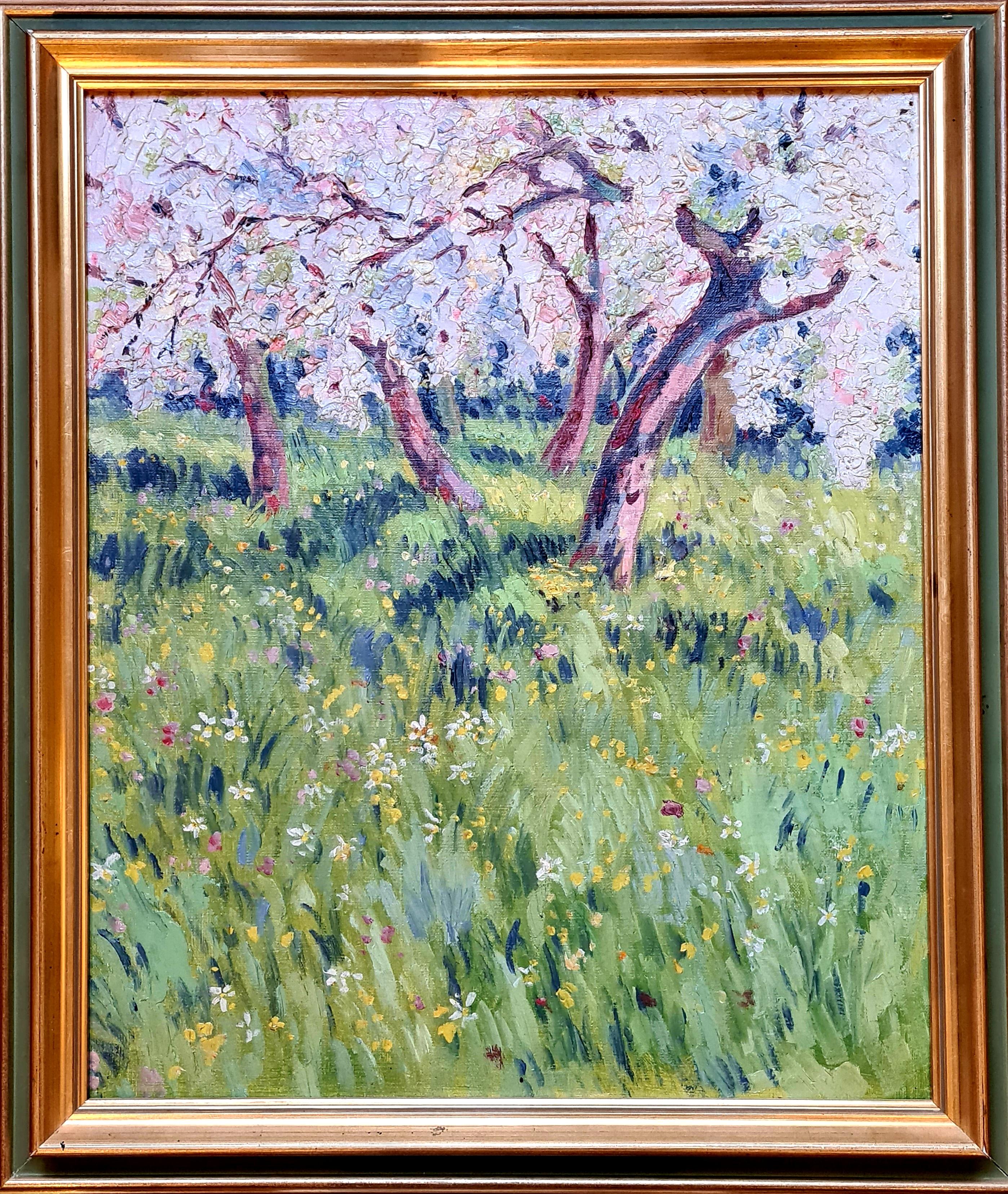 Claude Monet Landscape Painting - Apple Trees in Blossom at Giverny, French Impressionist Spring Landscape.