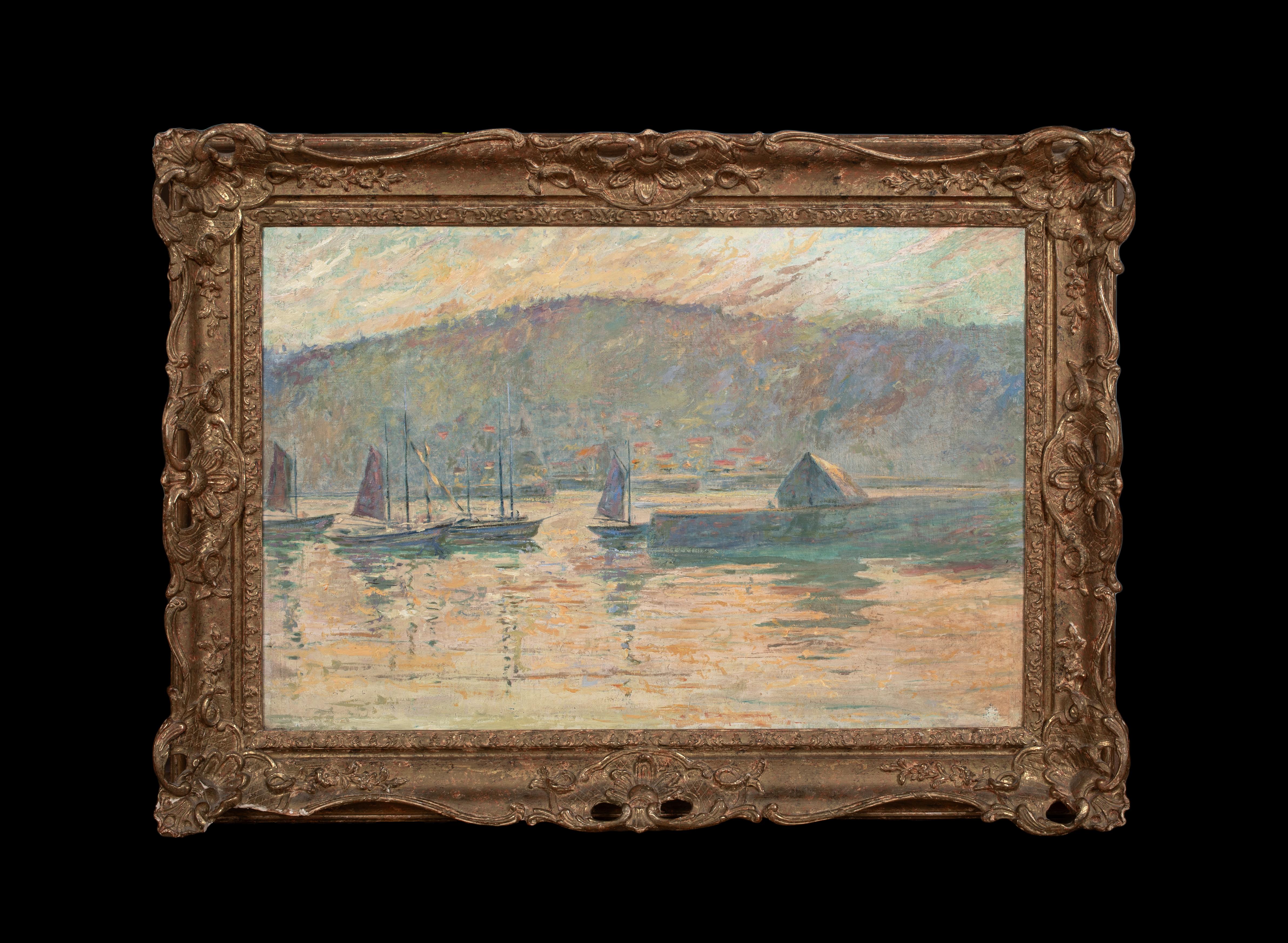 Bateaux Dans Un Port, Siglo XIX

Escuela de CLAUDE MONET 

Gran vista impresionista francesa del siglo XIX de barcos en un puerto, óleo sobre lienzo. Escena a gran escala de un puerto al atardecer pintada con expresivas pinceladas y tonos brumosos.
