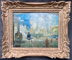 French 19th century Impressionist cityscape painting of a Station - Monet Paris