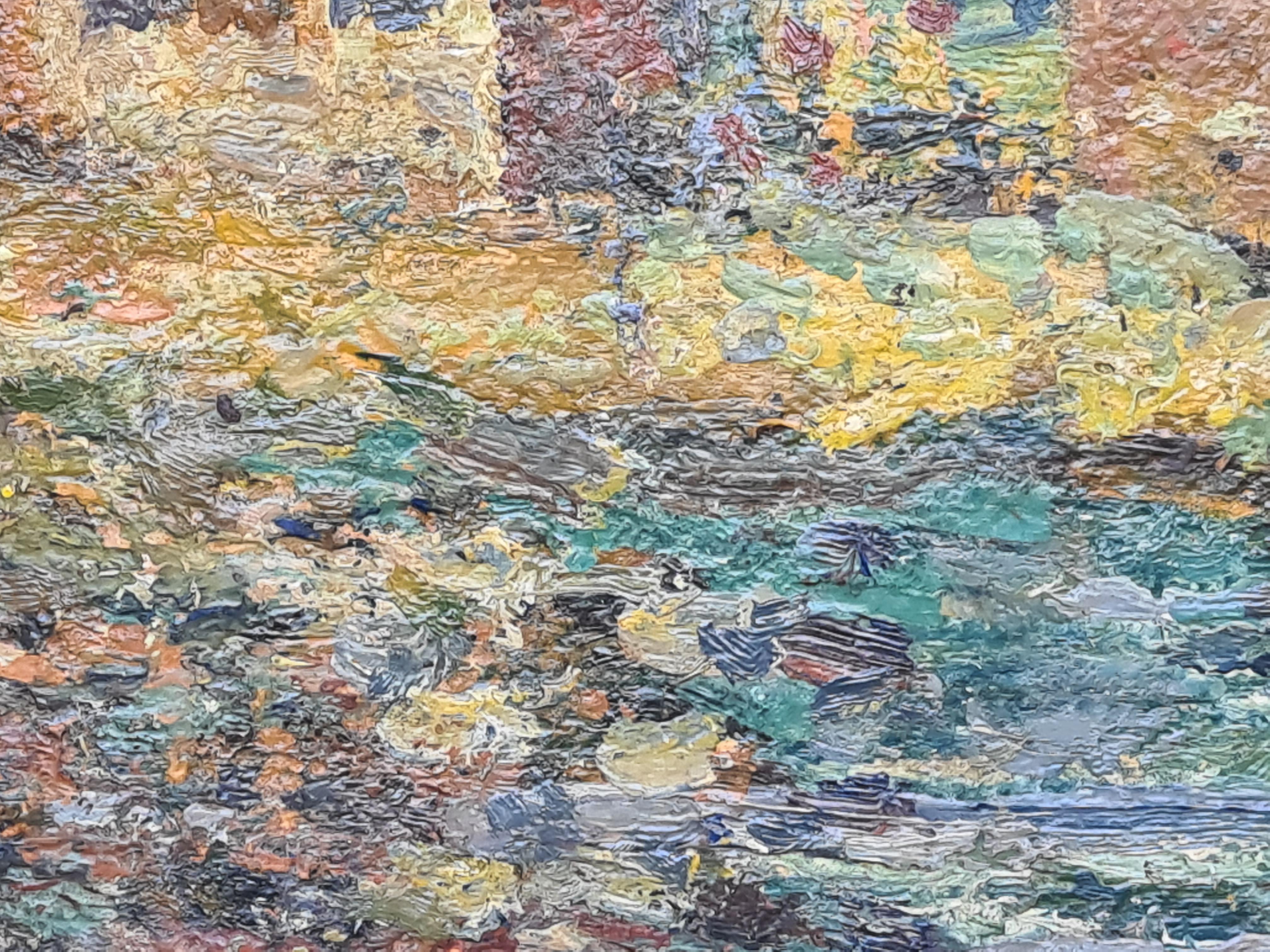 Französisch Ende des 19. Jahrhunderts Impressionist Öl auf Karton Landschaft. Auf der anderen Seite der Tafel befindet sich eine weitere Flusslandschaft (siehe separate Auflistung)

Eine charmante Darstellung eines Häuschens am Flussufer, umgeben