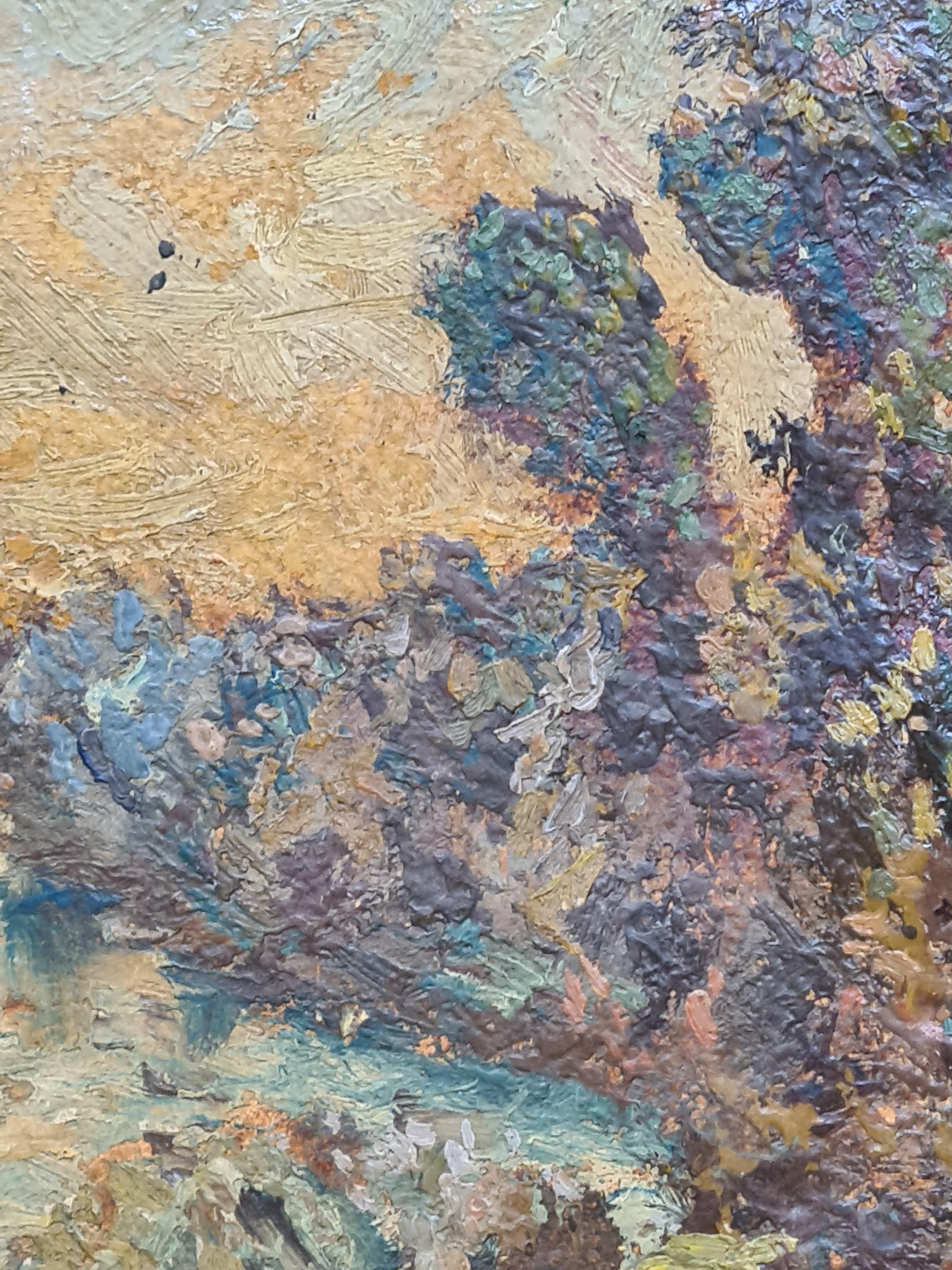 Französischer Impressionist Flusslandschaft, Pappeln am Ufer des Flusses Epte (Braun), Landscape Painting, von Claude Monet