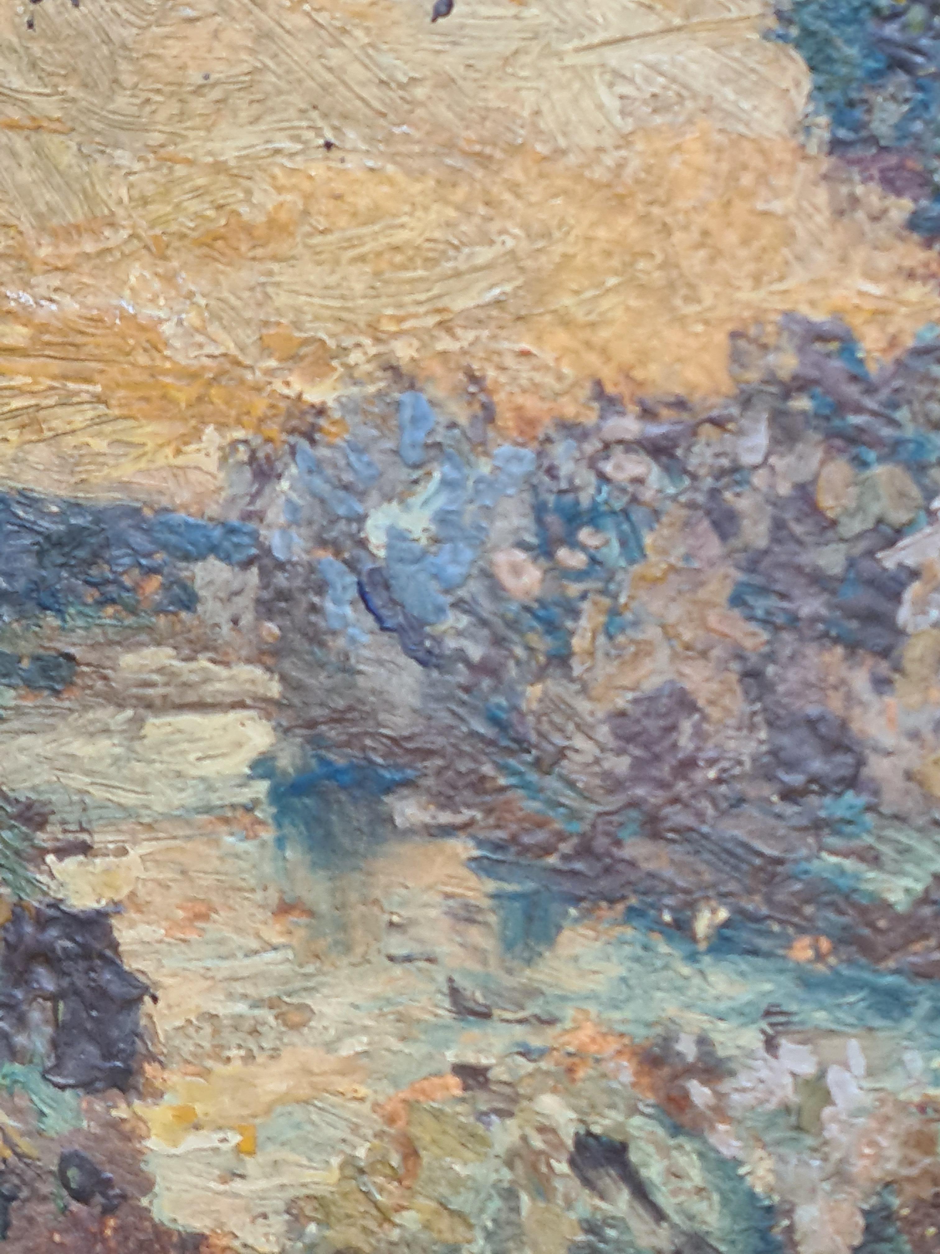 Französisch Ende des 19. Jahrhunderts Impressionist Öl auf Karton Landschaft. Auf der anderen Seite der Tafel befindet sich eine weitere Flusslandschaft (siehe separates Angebot LU1430216208672)

Eine stimmungsvolle und charmante Darstellung eines