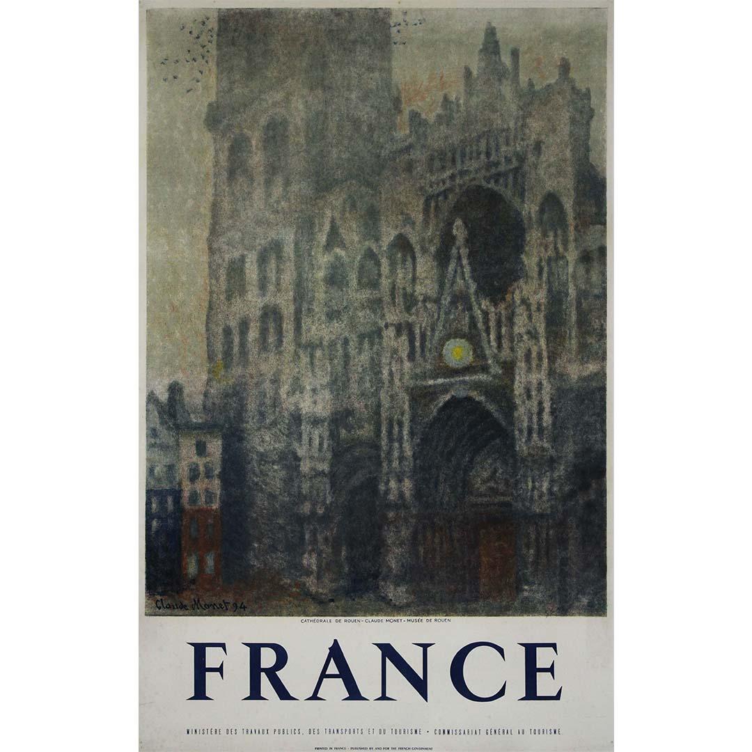 The 1950 original travel poster featuring Claude Monet's iconic painting of the Cathédrale de Rouen captures the timeless beauty of French architecture and the artist's mastery of light and color. Created by the renowned impressionist painter Claude