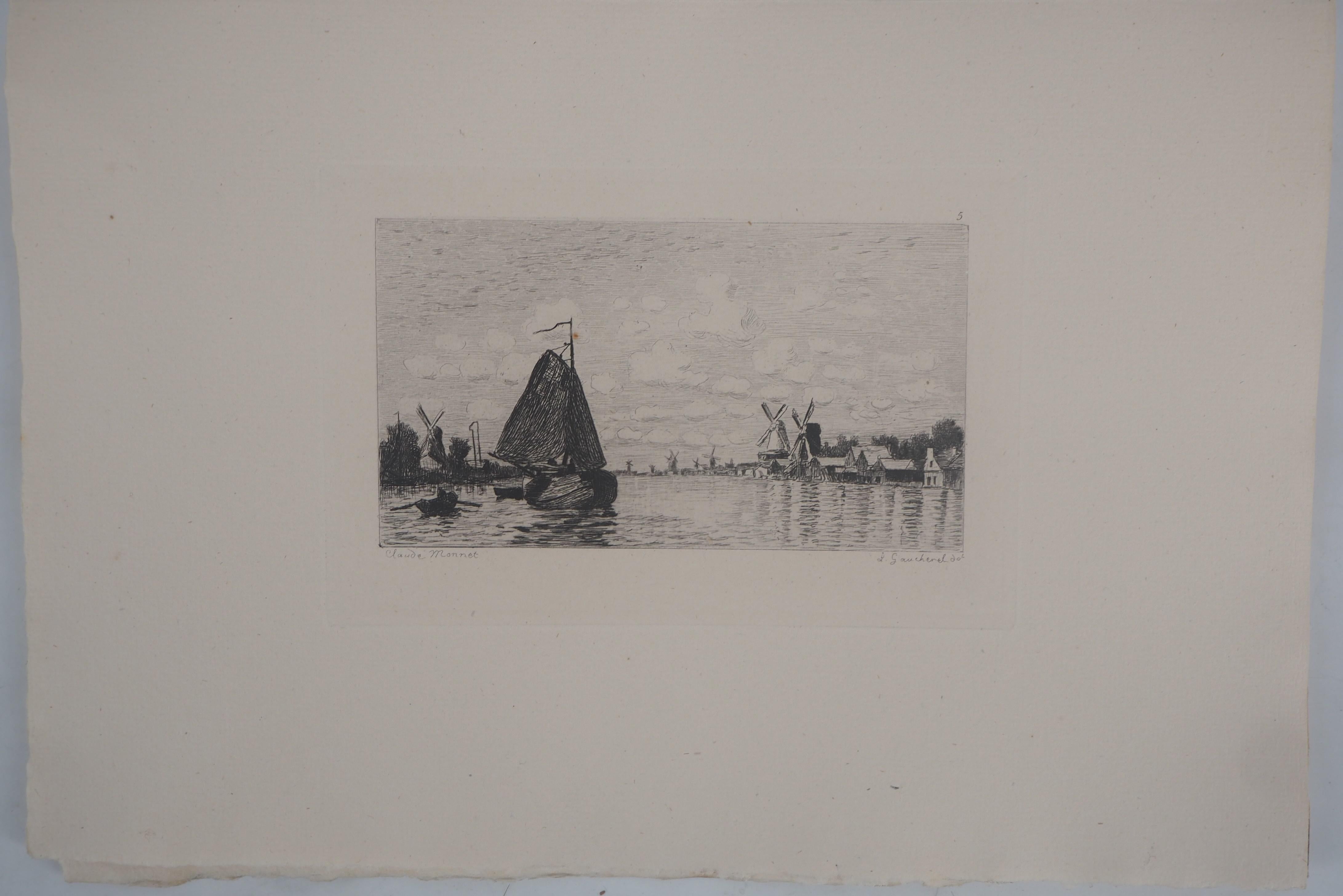 Windmills in Holland – Original-Radierung – Ed. Durand Ruel, 1873 – Print von Claude Monet