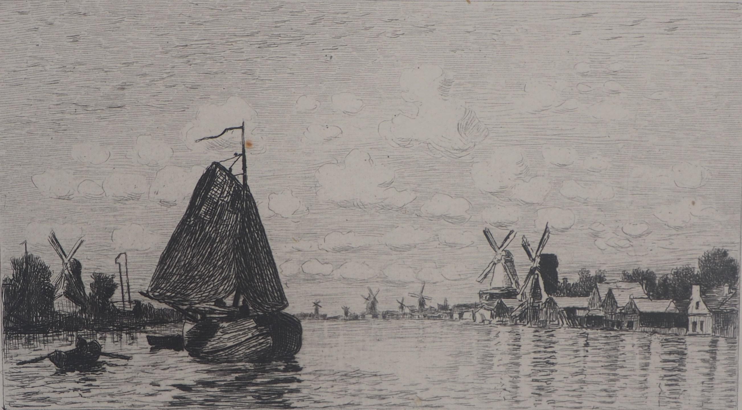 Windmills in Holland - Original etching - Ed. Durand Ruel, 1873 - Impressionist Print by Claude Monet
