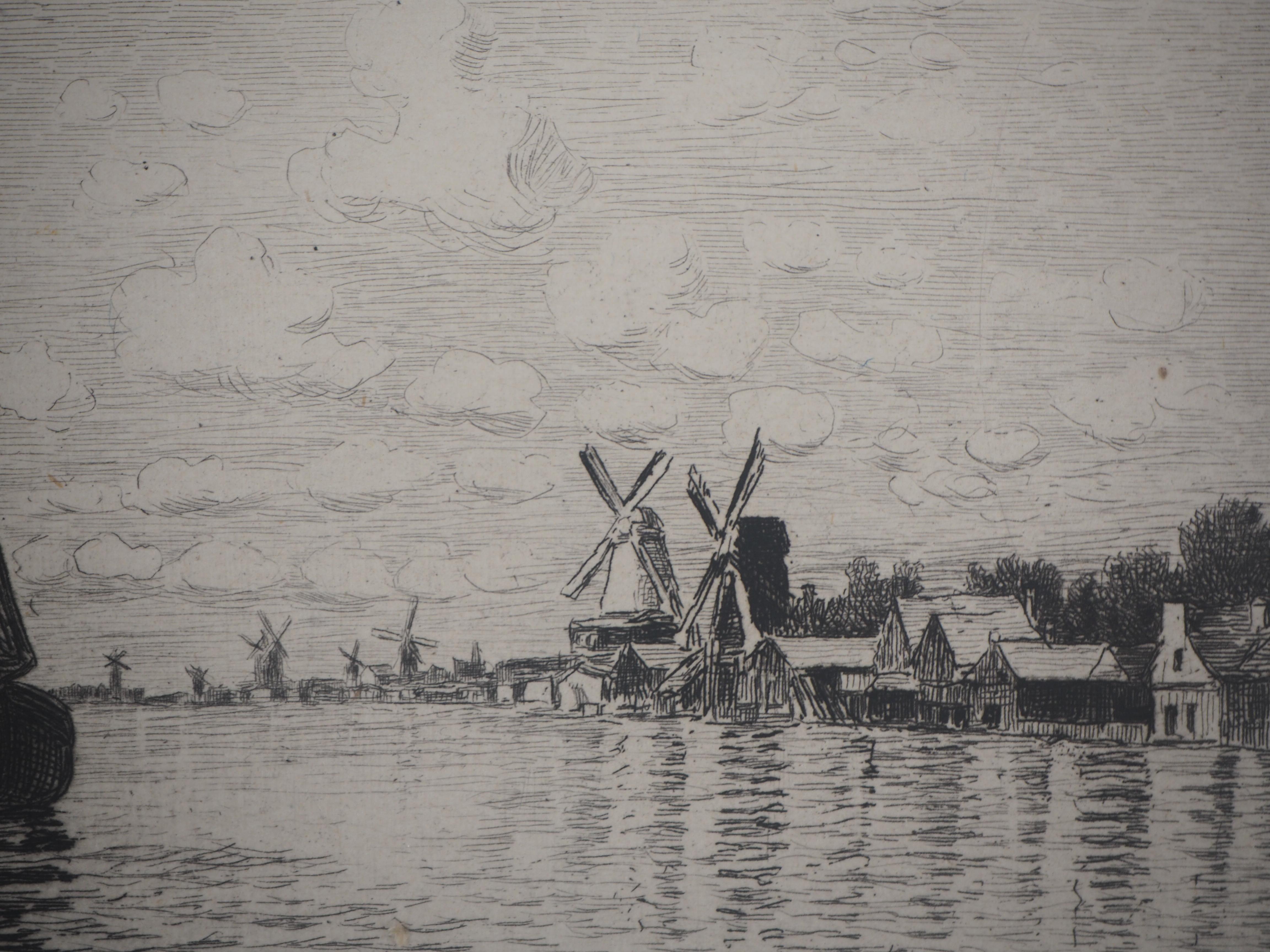 Windmills in Holland - Original etching - Ed. Durand Ruel, 1873 - Gray Landscape Print by Claude Monet