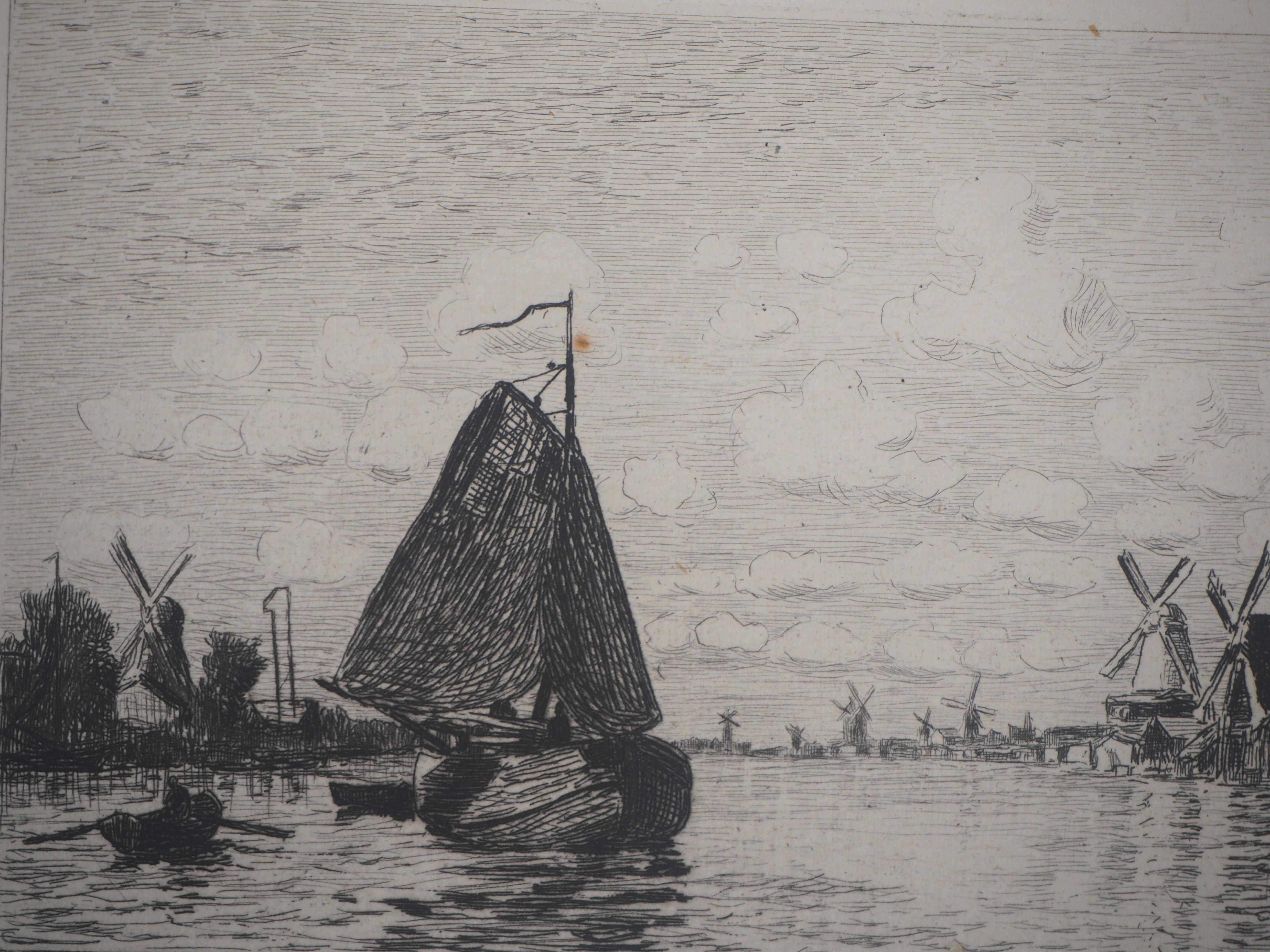 Claude MONET (nach)
Windmühlen in Holland, 1873

Original-Radierung
Gestochen von Gaucherel unter der Aufsicht von Monet
Gedruckte Unterschrift in der Platte (mit falsch geschriebener Unterschrift Monnet)
Auf Büttenpapier 20,5 x 30 cm (ca. 8 x 12