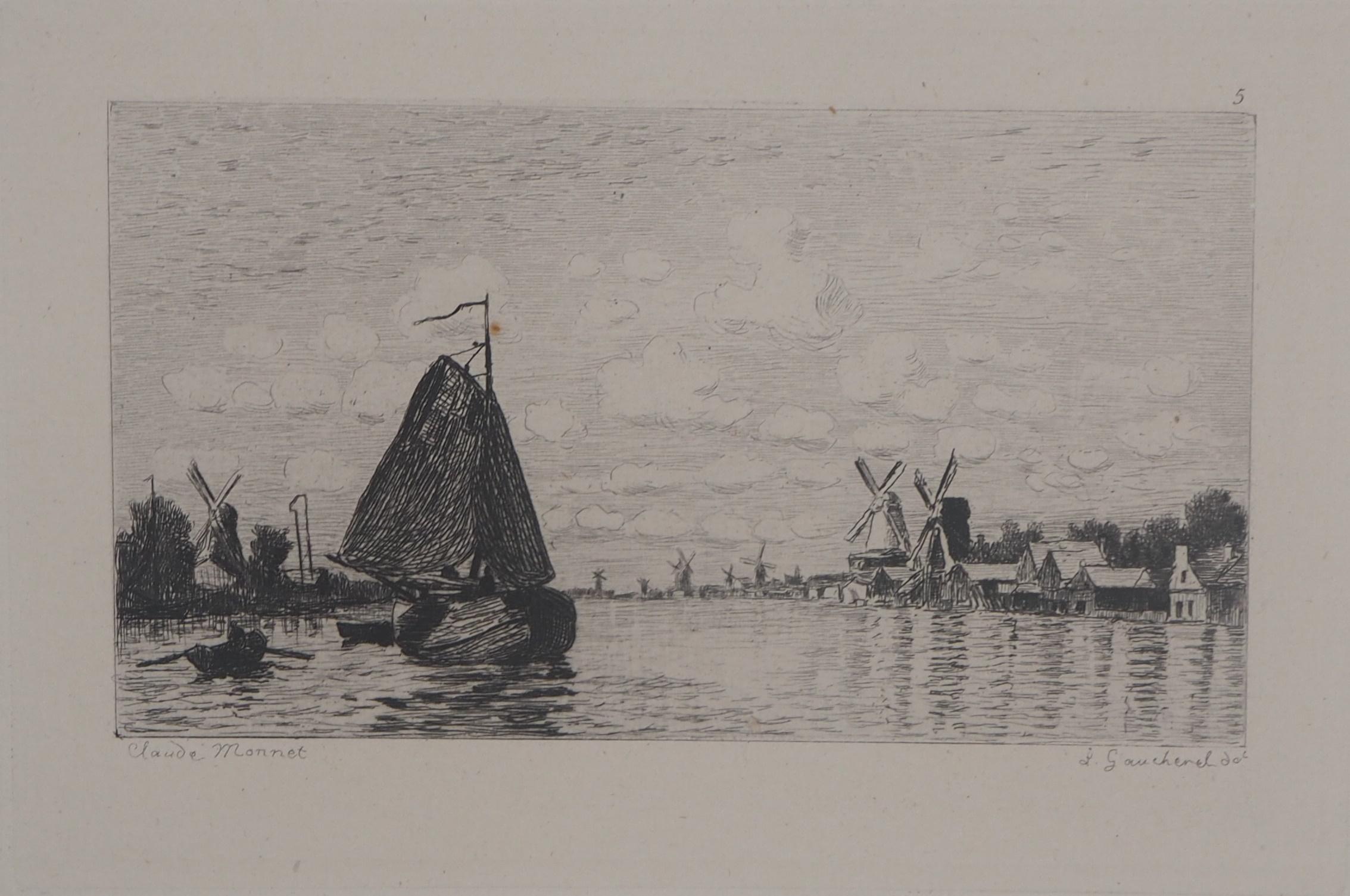 Landscape Print Claude Monet - Gravure originale de Windmills in Hollande, Ed. Durand Ruel, 1873