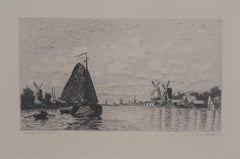 Antique Windmills in Holland - Original etching - Ed. Durand Ruel, 1873