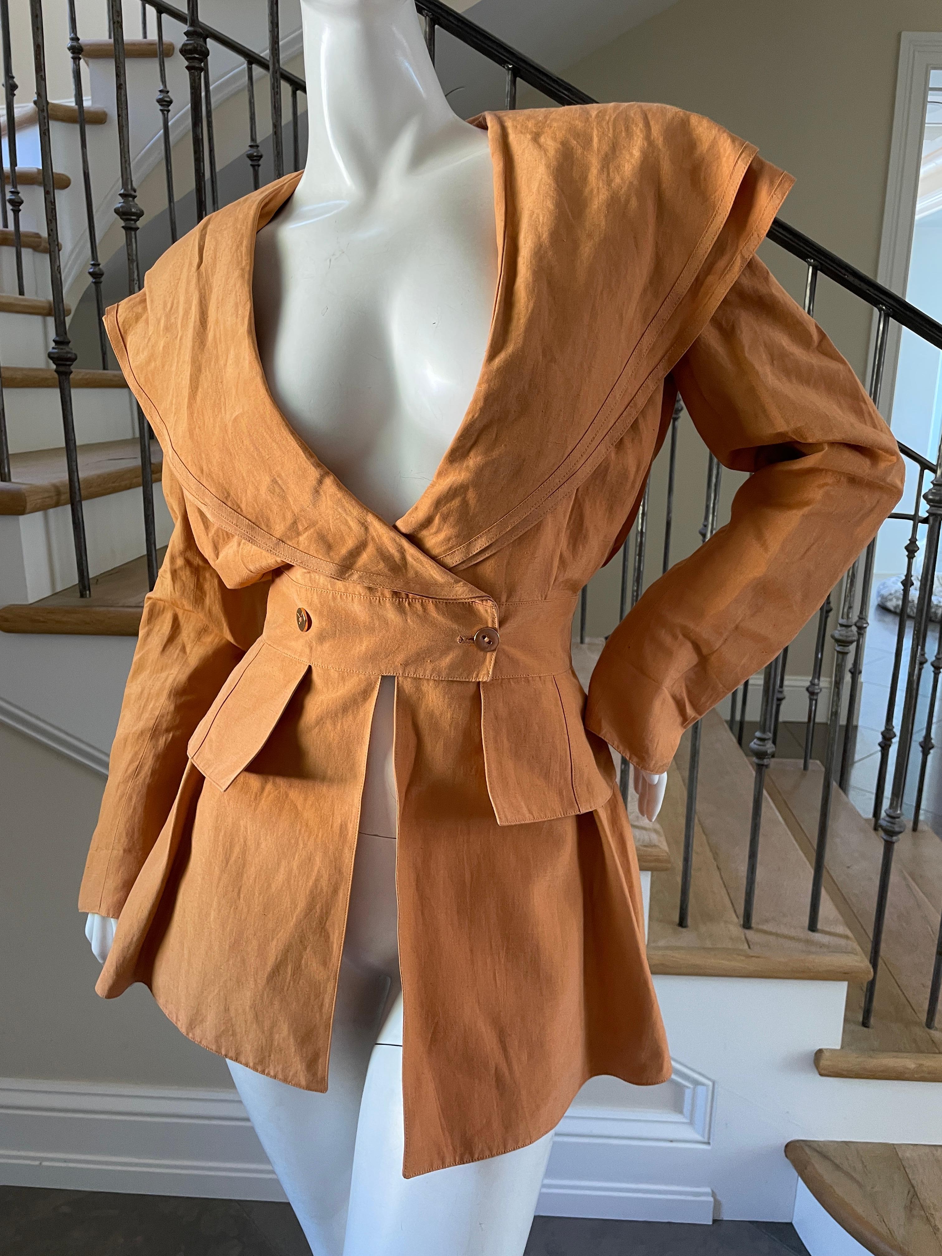 Claude Montana 1980 Orange Linen Jacket with Wide Lapel Hood
 Size 40
Bust 38