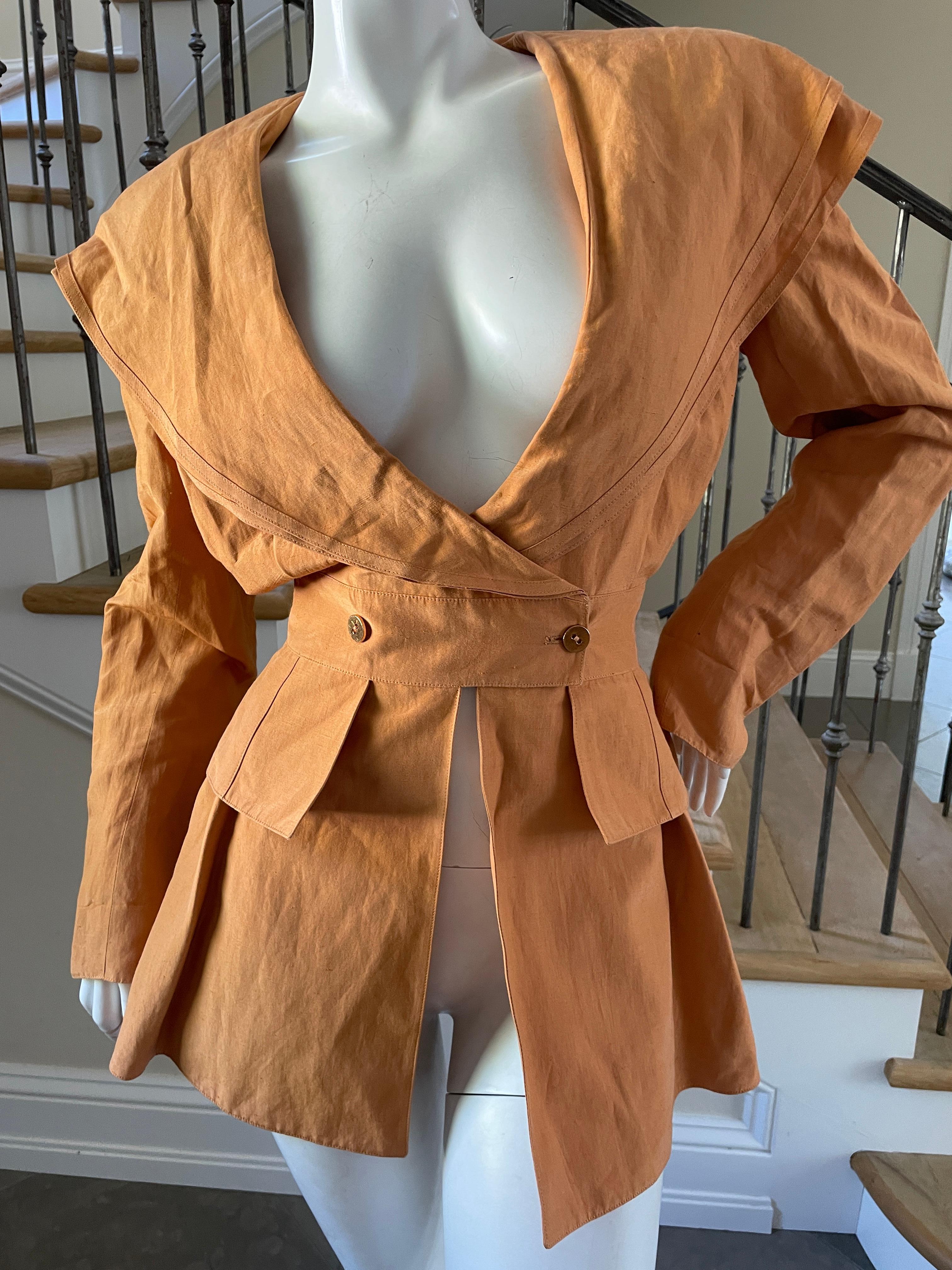 Women's Claude Montana 1980 Orange Linen Jacket with Wide Lapel Hood For Sale