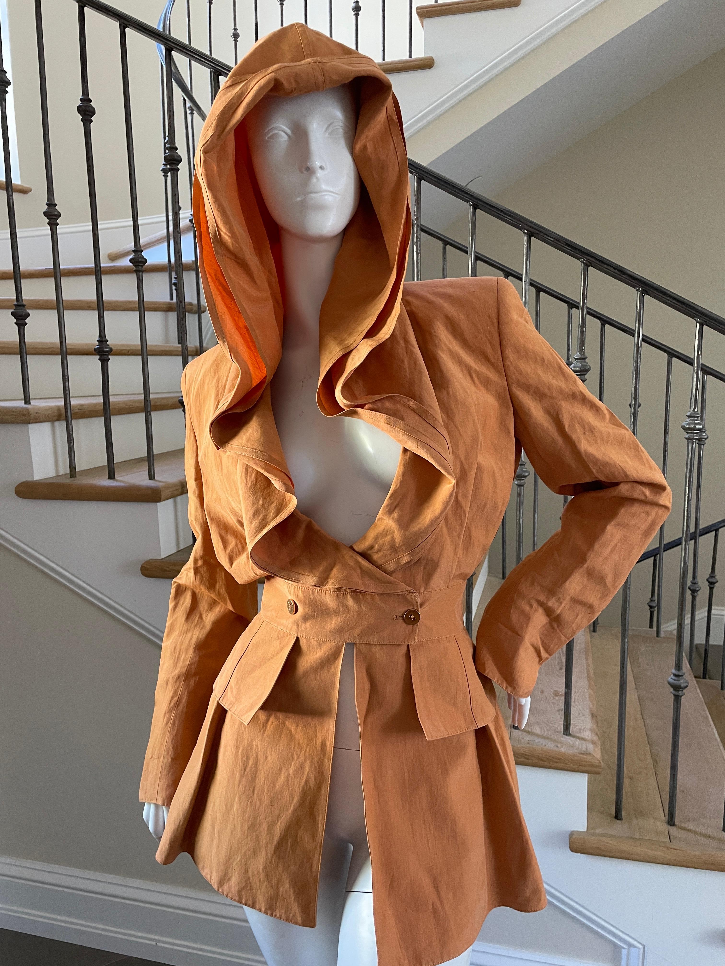 Claude Montana 1980 Orange Linen Jacket with Wide Lapel Hood For Sale 1