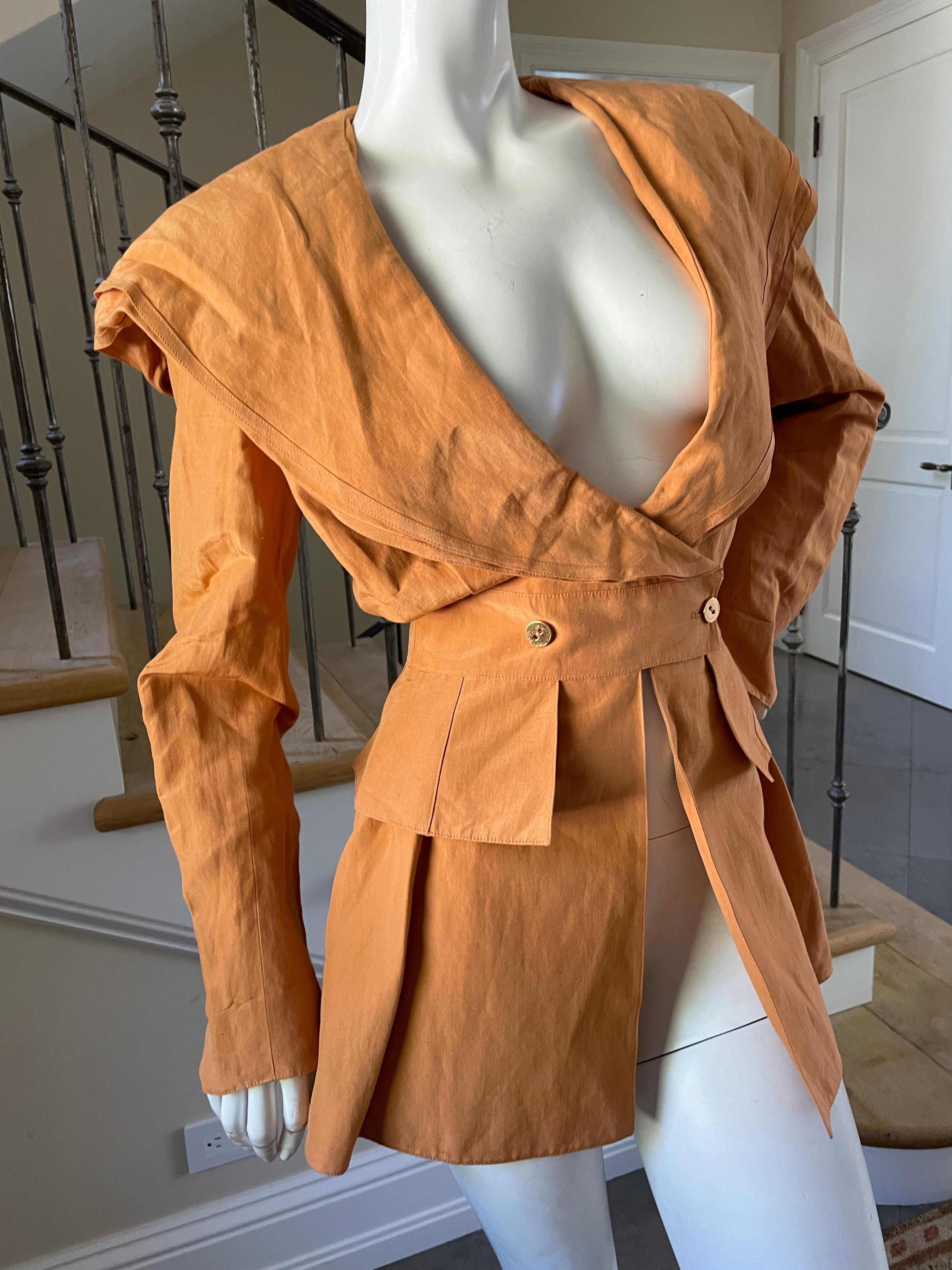 Claude Montana 1980 Orange Linen Jacket with Wide Lapel Hood For Sale 3