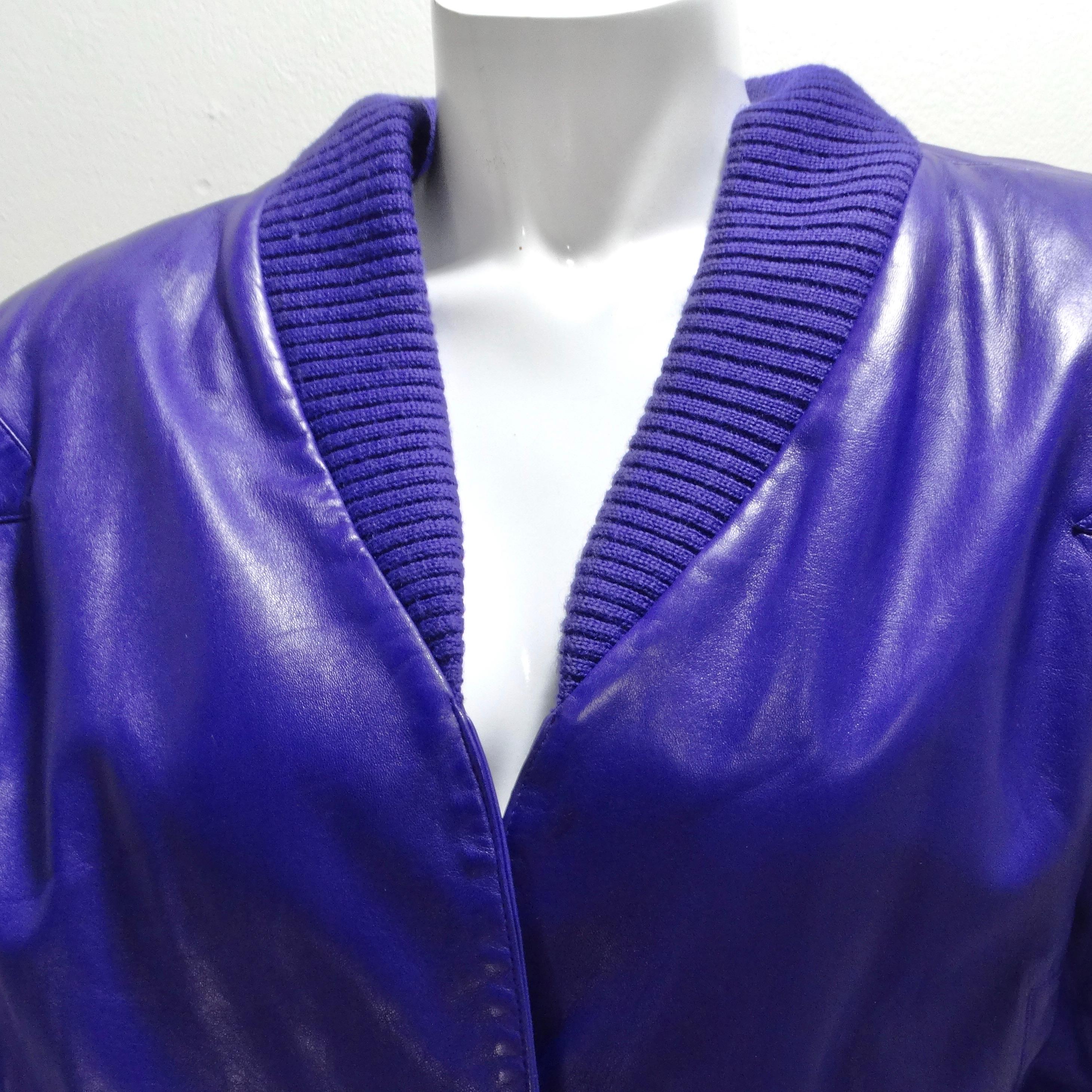 Step into the bold and vibrant era of the '80s with the Claude Montana 1980s Purple Leather Cropped Jacket. This statement piece is a celebration of edgy fashion with its vivid purple hue, embodying the spirit of the era. The jacket boasts