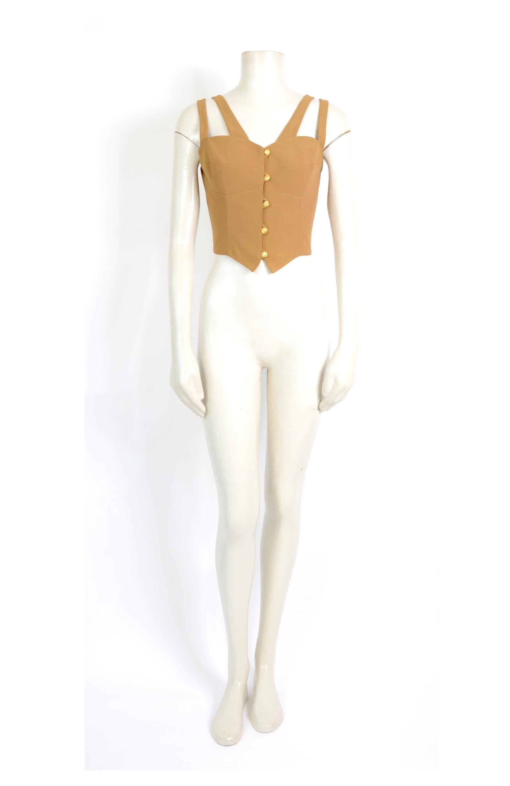 A fabulous vintage 1980s bustier top by Claude Montana
Made in Italy - Size 44 / 10 - The material is a mix of viscose and wool - the top closes with five small gold buttons at the front - in excellent condition. 
Measurements taken flat: 
Ua to Ua
