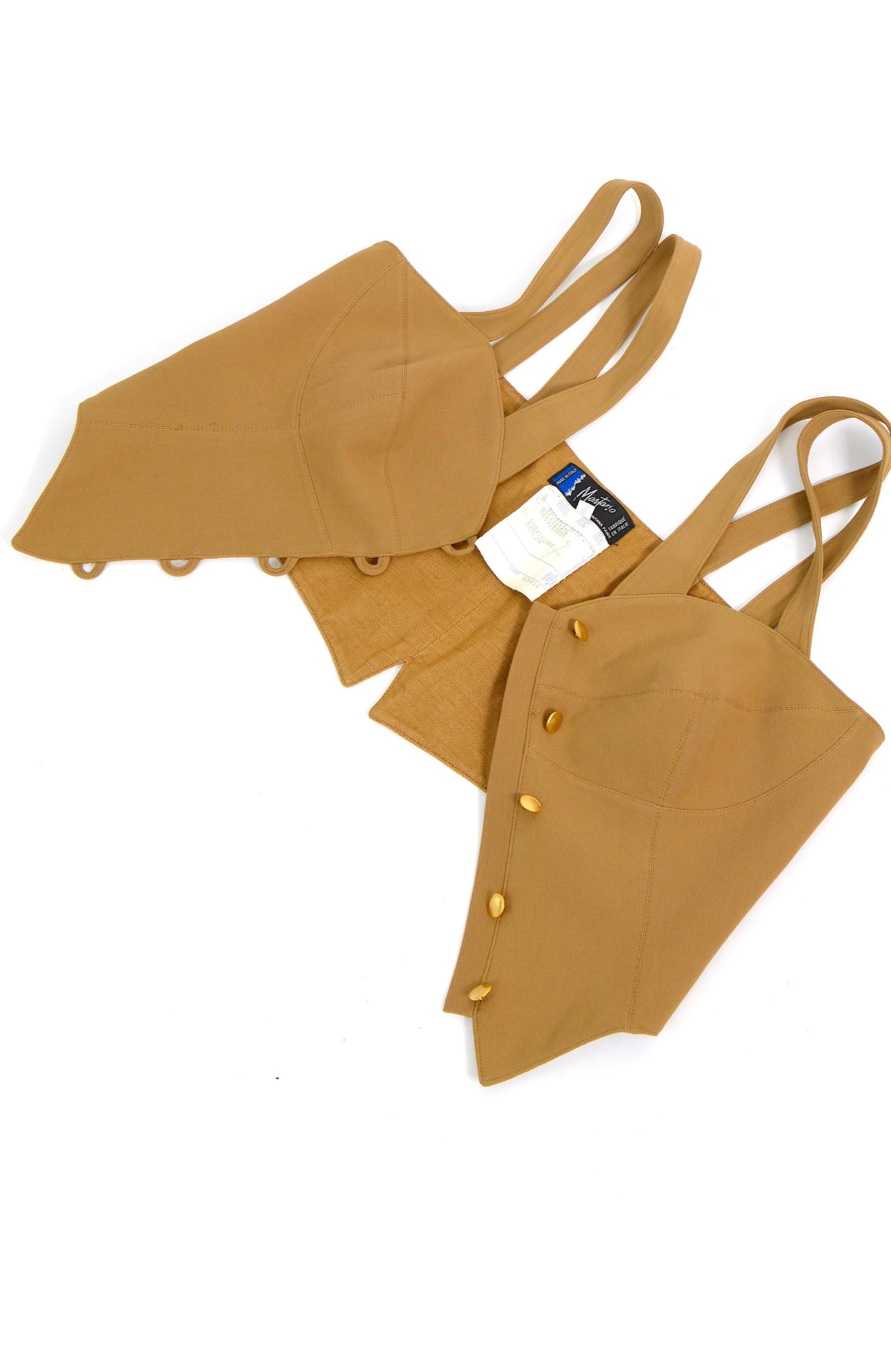 Gold Claude Montana 1980s vintage bustier crop top vest + features five gold buttons For Sale