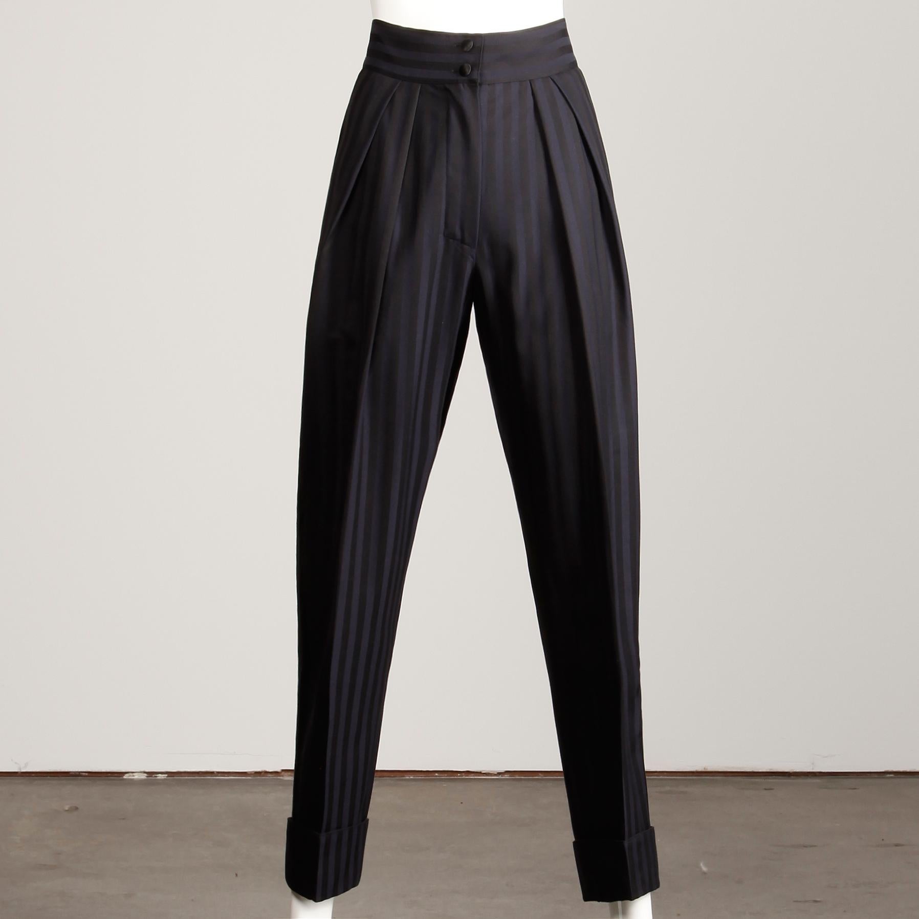 Claude Montana 1980s Vintage Navy Blue + Black Striped Wool Pants or Trousers In Excellent Condition In Sparks, NV