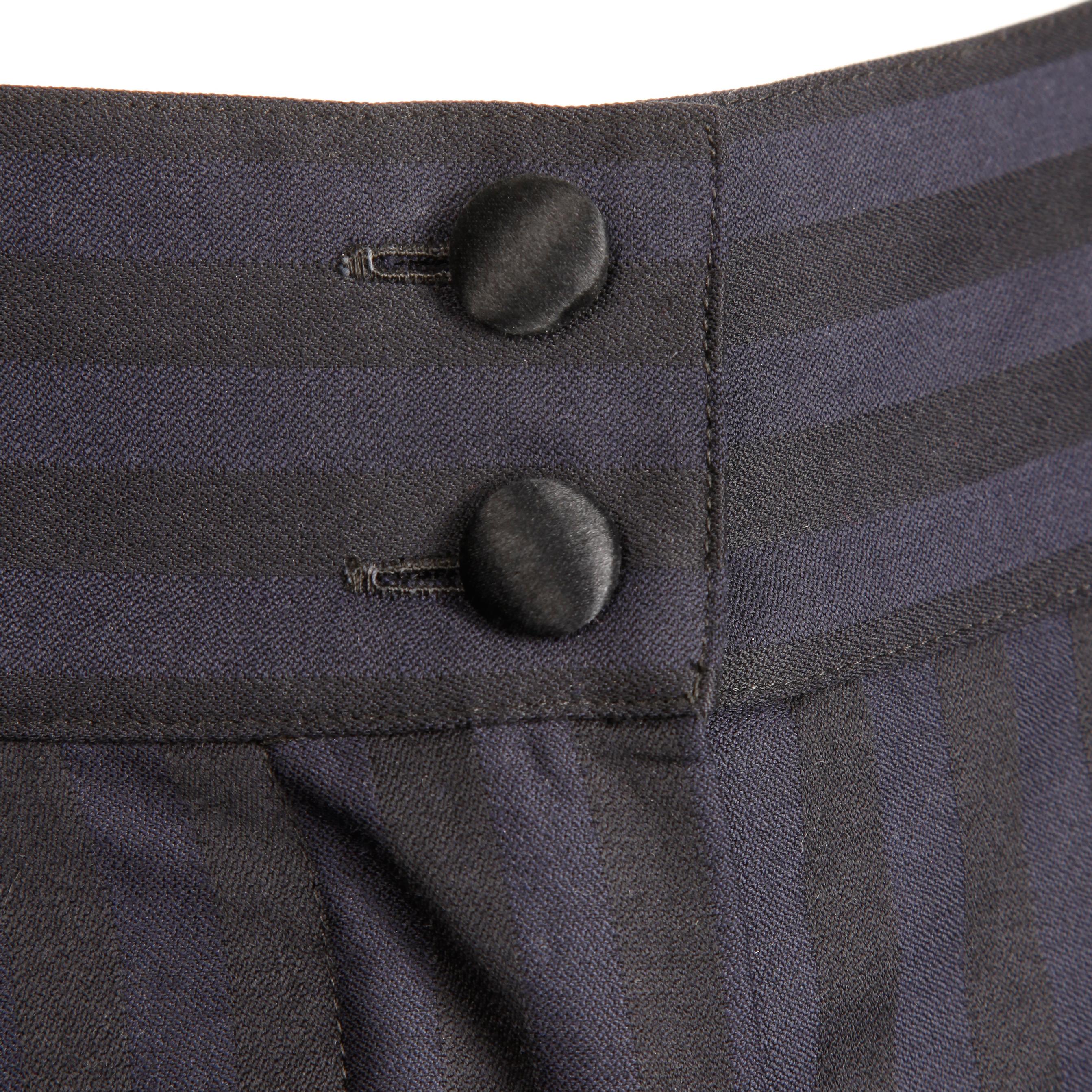 Women's Claude Montana 1980s Vintage Navy Blue + Black Striped Wool Pants or Trousers