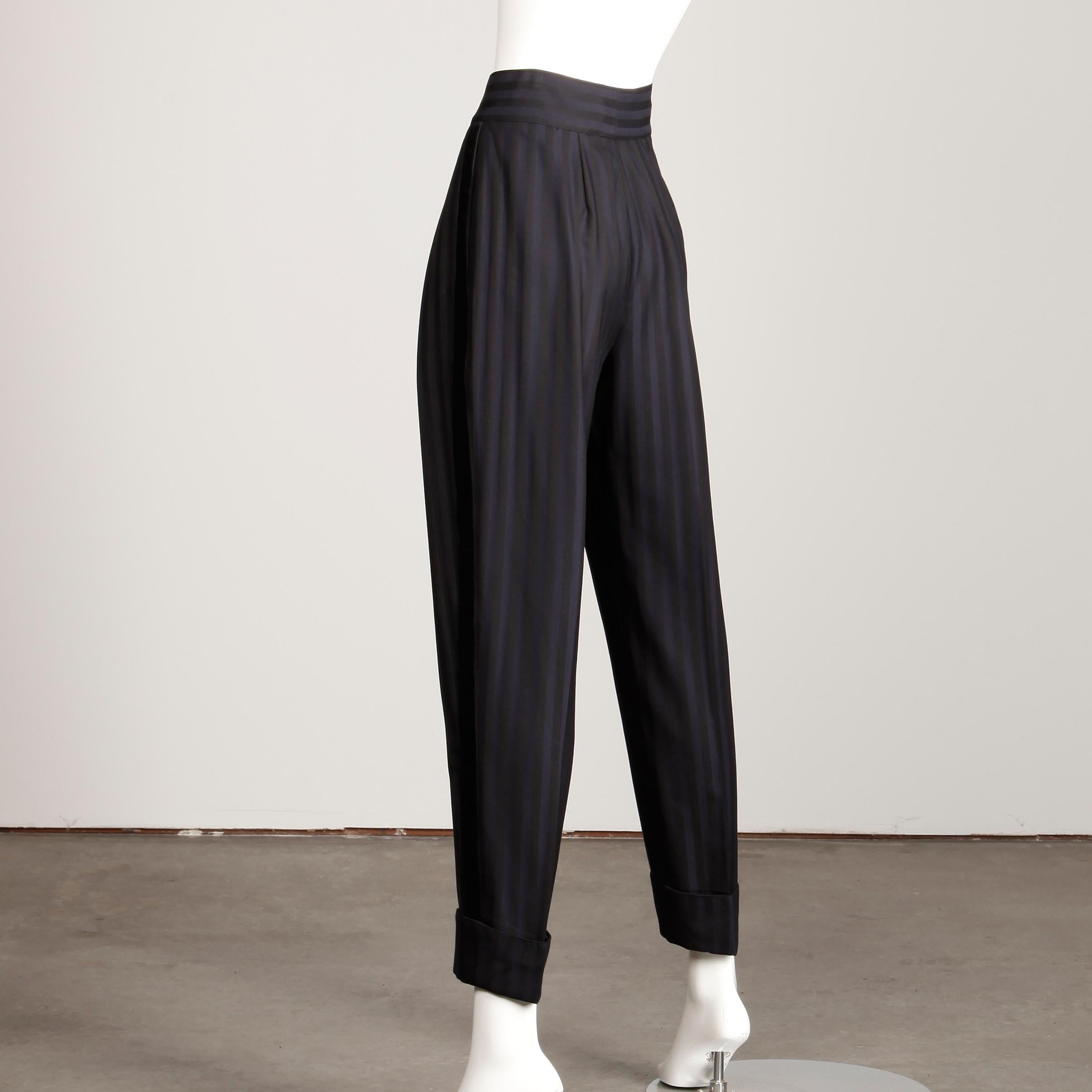 Claude Montana 1980s Vintage Navy Blue + Black Striped Wool Pants or Trousers 1