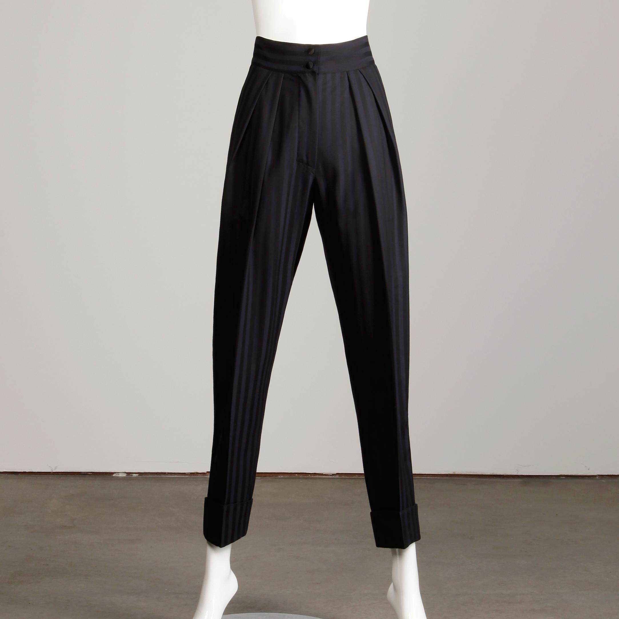 Claude Montana 1980s Vintage Navy Blue + Black Striped Wool Pants or Trousers 3