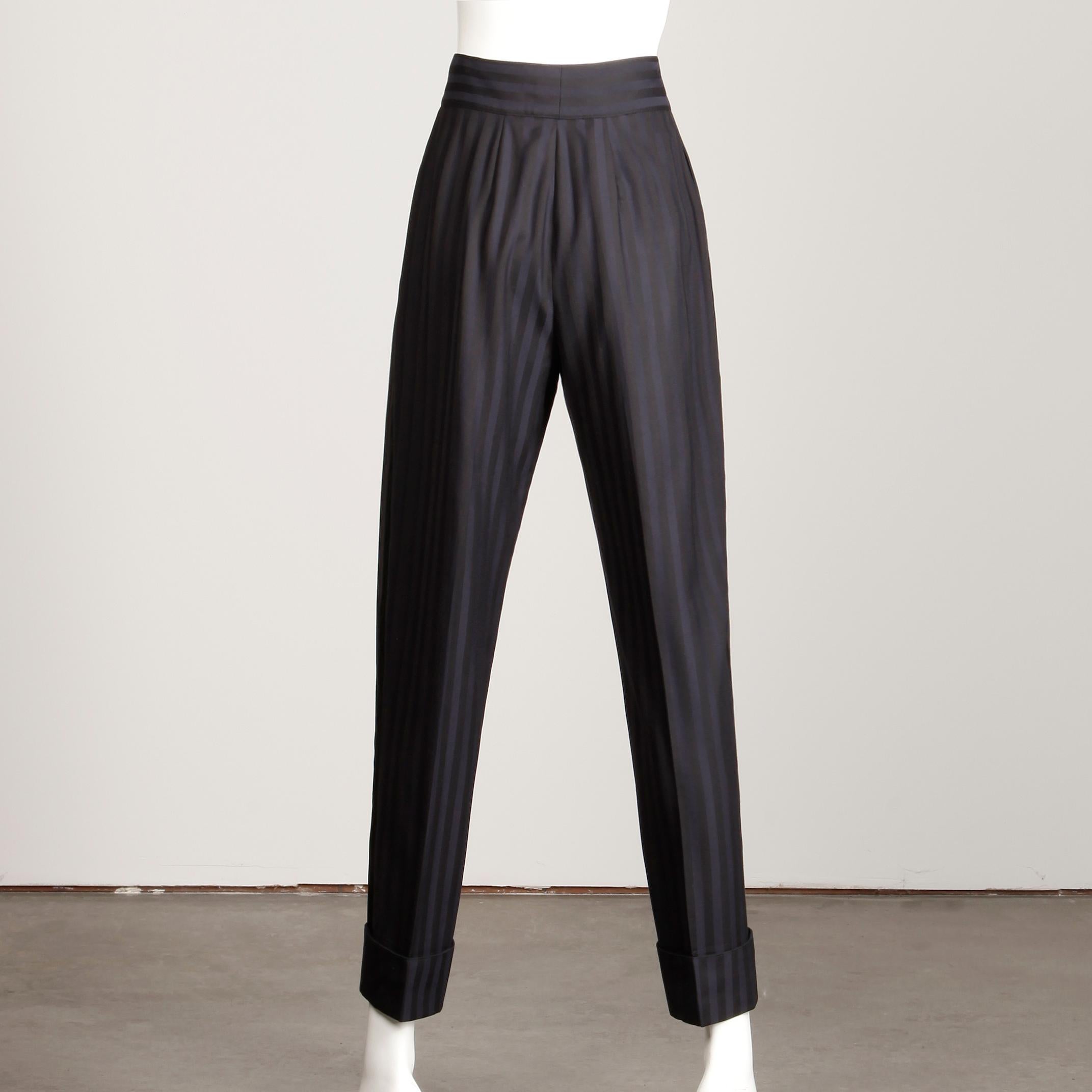 Claude Montana 1980s Vintage Navy Blue + Black Striped Wool Pants or Trousers 5