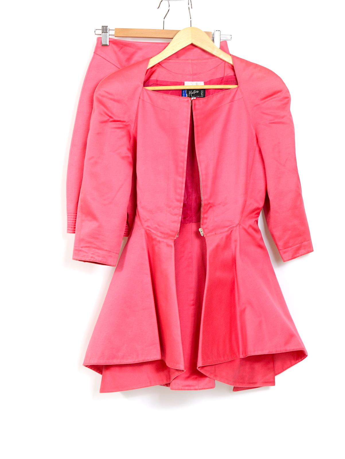 Women's Claude Montana 1990s vintage bold fuchsia pink peplum jacket and mini skirt 