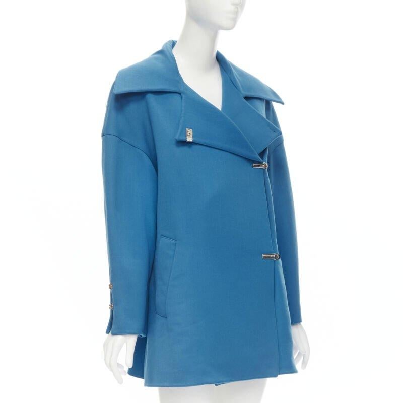 Blue CLAUDE MONTANA 1991 Vintage blue wool metal clasp button oversize coat IT42 M For Sale