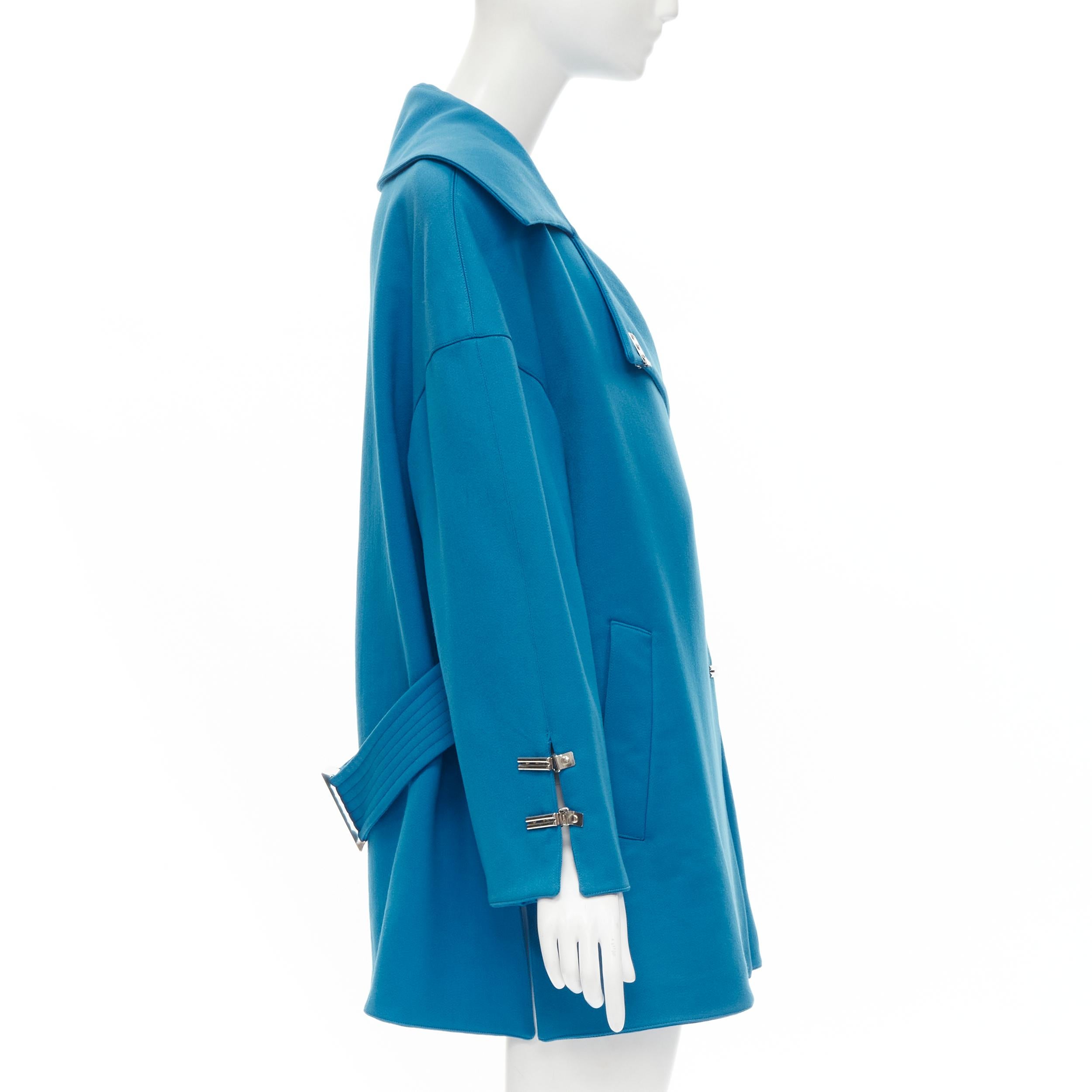 Blue CLAUDE MONTANA 1991 Vintage blue wool metal clasp button oversize coat IT42 M For Sale