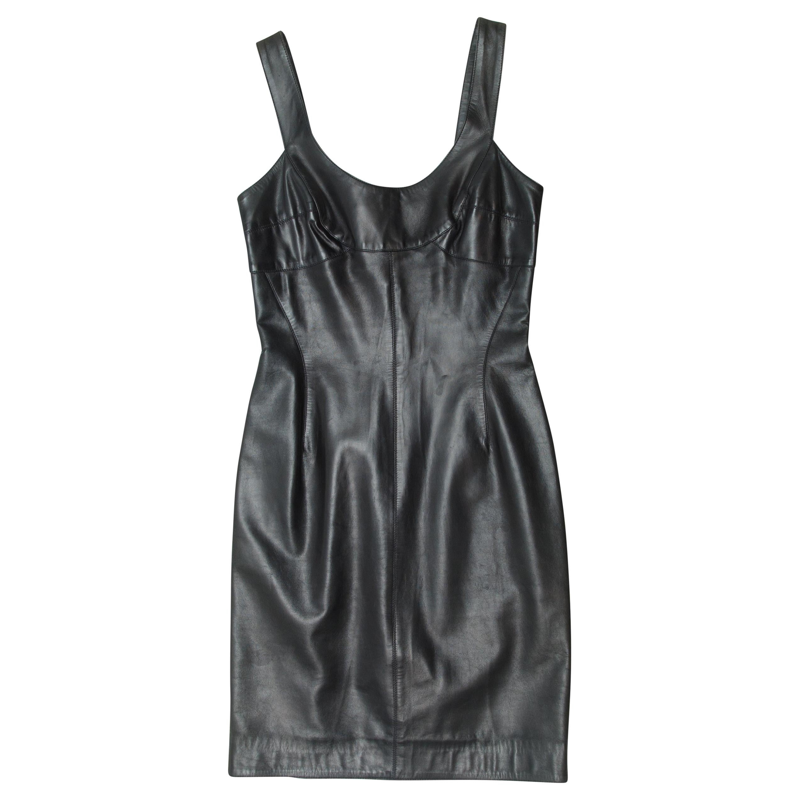 Claude Montana Black Fitted Leather Dress