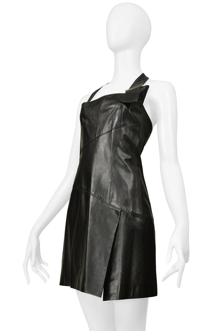 montana mini dress black Vintage Claude Montana 1980s Black Metal Zip Front Mini Dress Fine Wool  High Neck Metal Fastening LBD