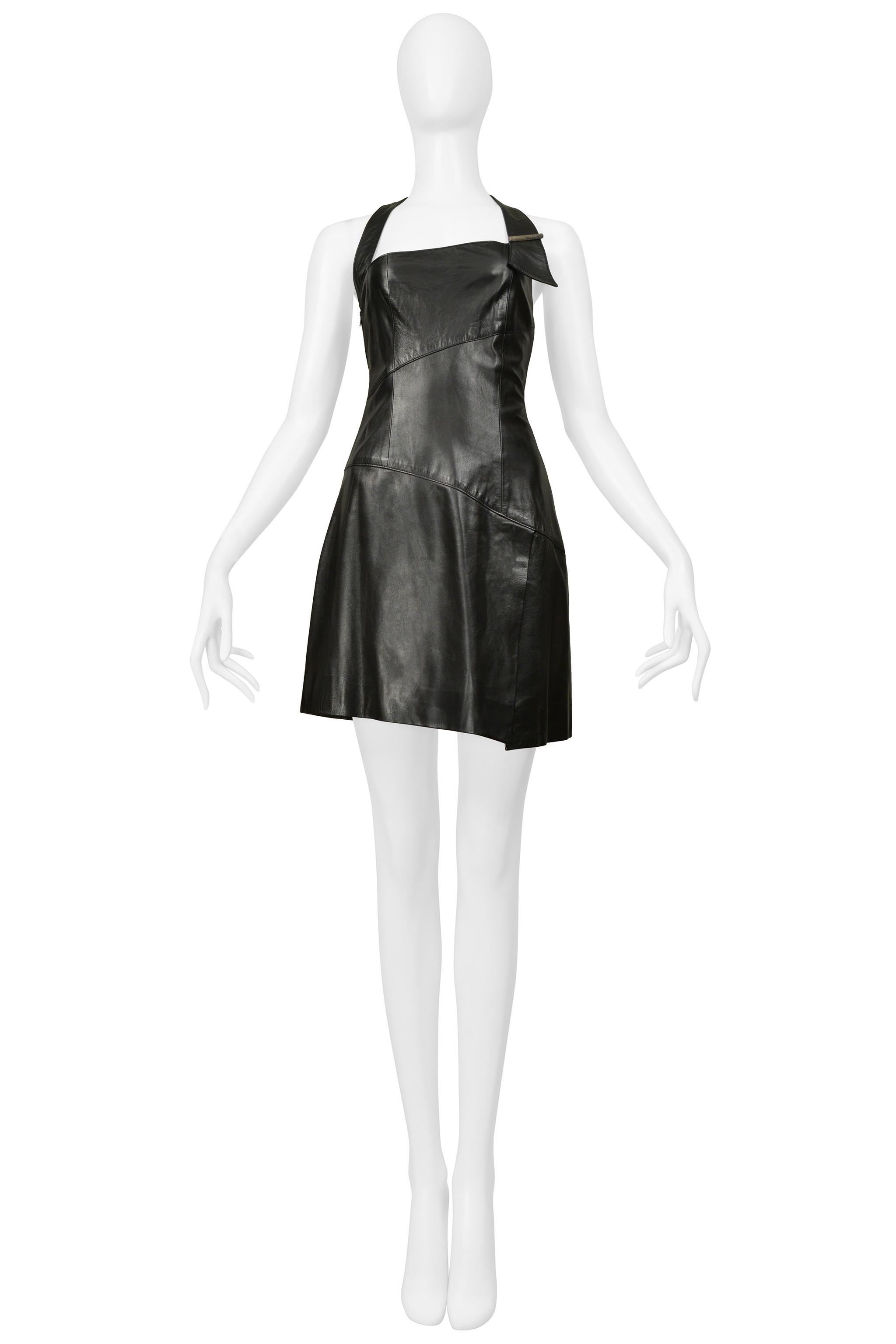 Women's Claude Montana Black Leather Mini Dress 1999 For Sale