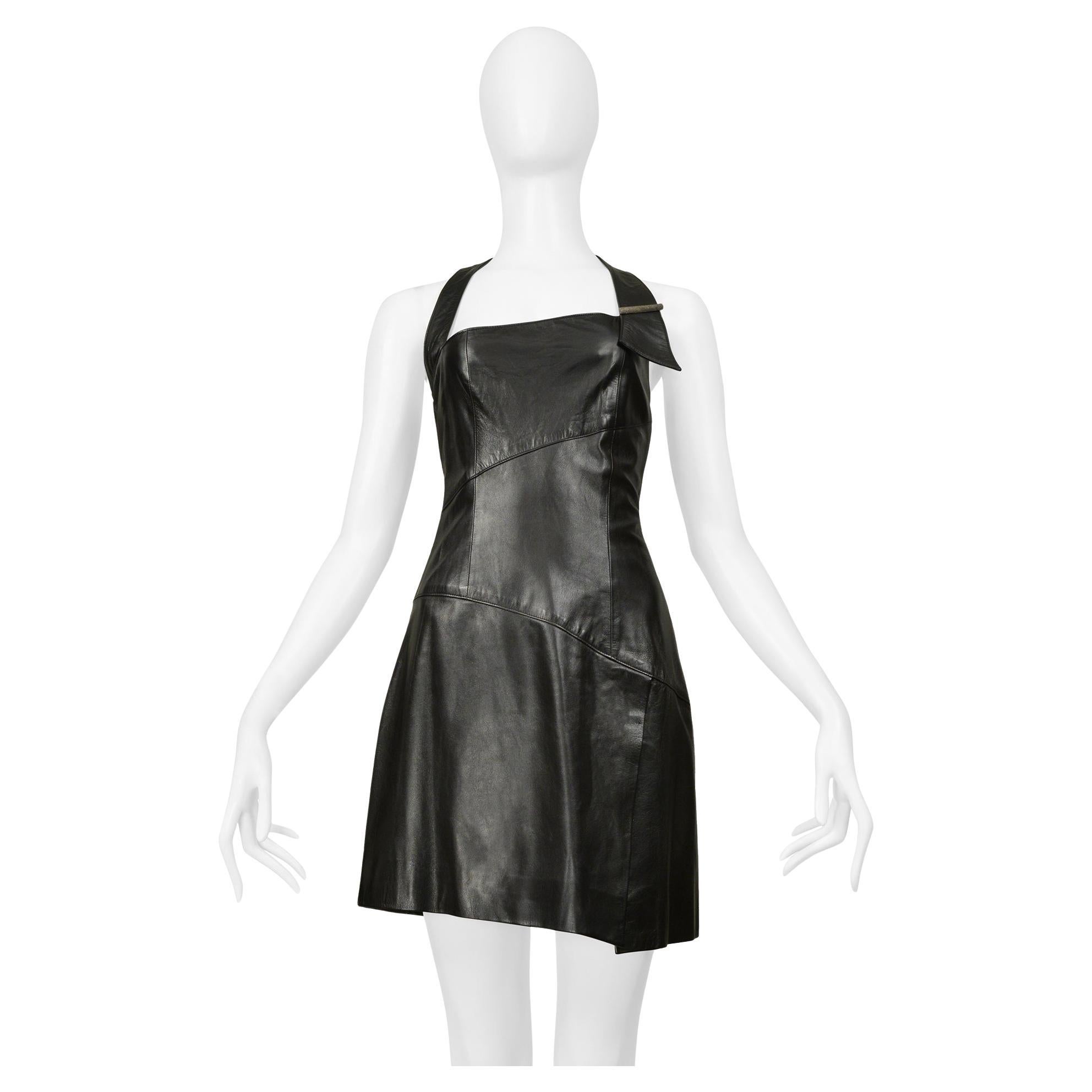 Claude Montana Black Leather Mini Dress 1999 For Sale