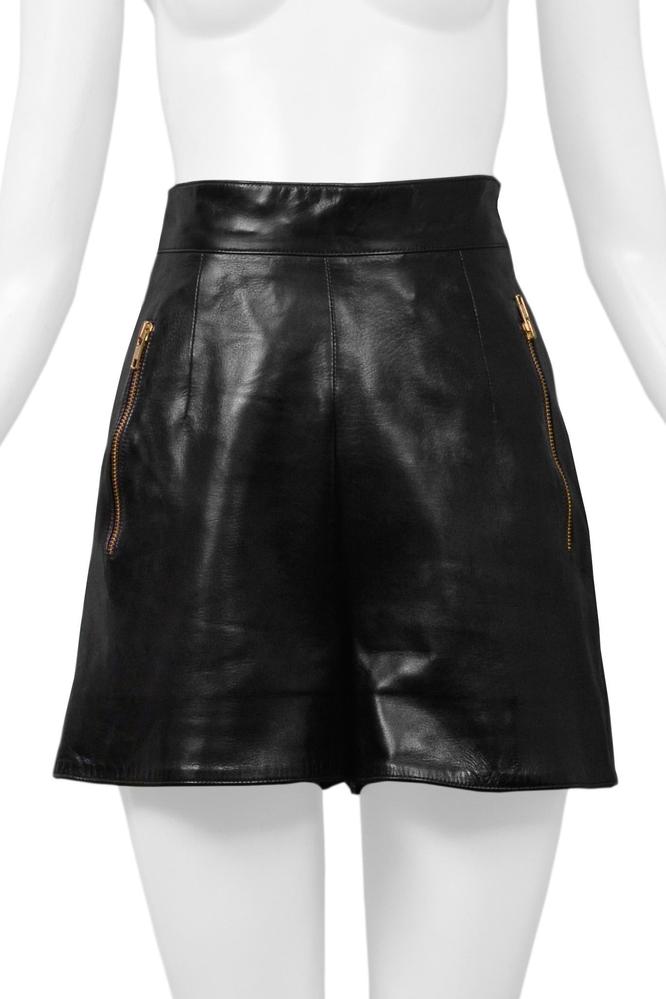 Claude Montana Black Leather Shorts with Gold Zippers In Excellent Condition For Sale In Los Angeles, CA