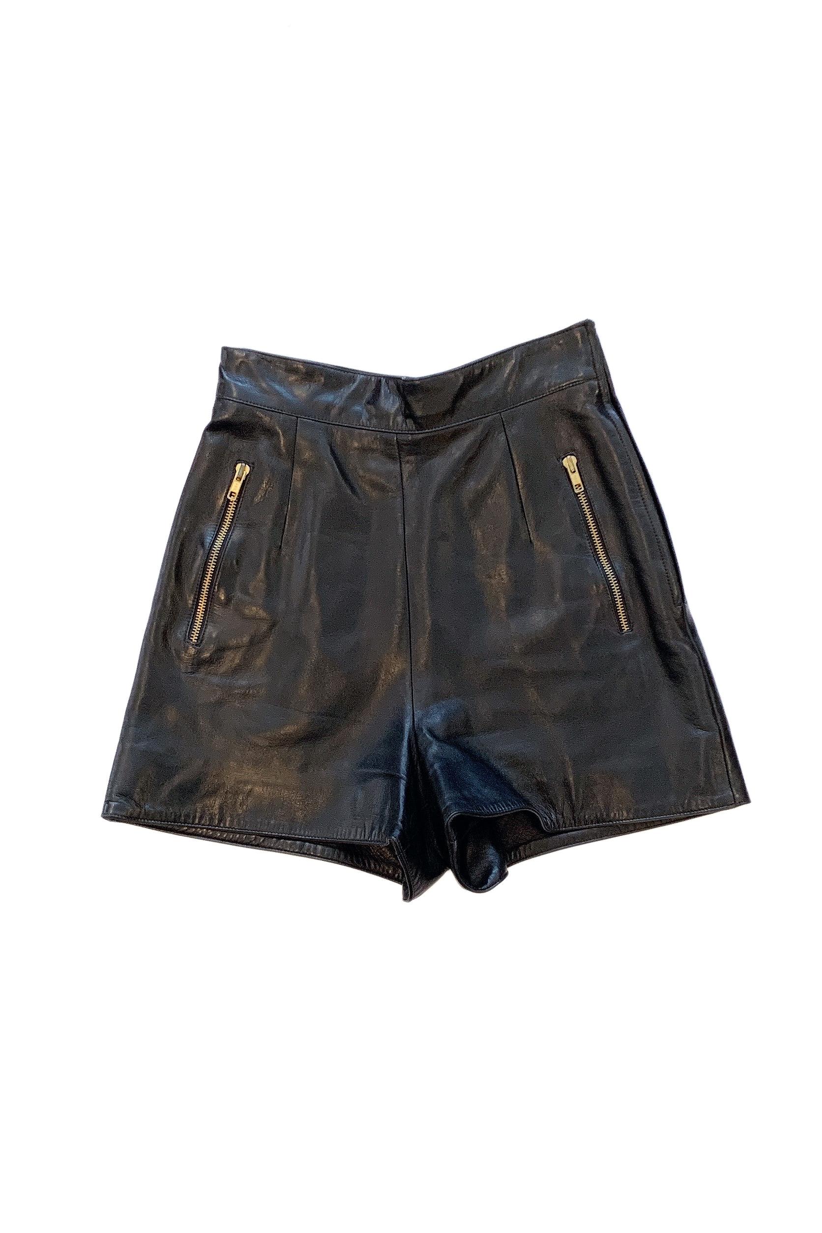 Women's Claude Montana Black Leather Shorts with Gold Zippers For Sale