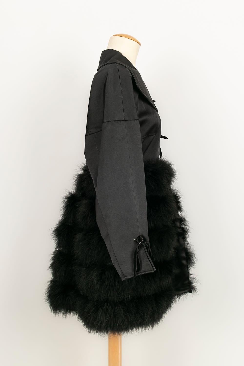 Women's Claude Montana Black Satin and Marabou Feather Coat, 1993 For Sale