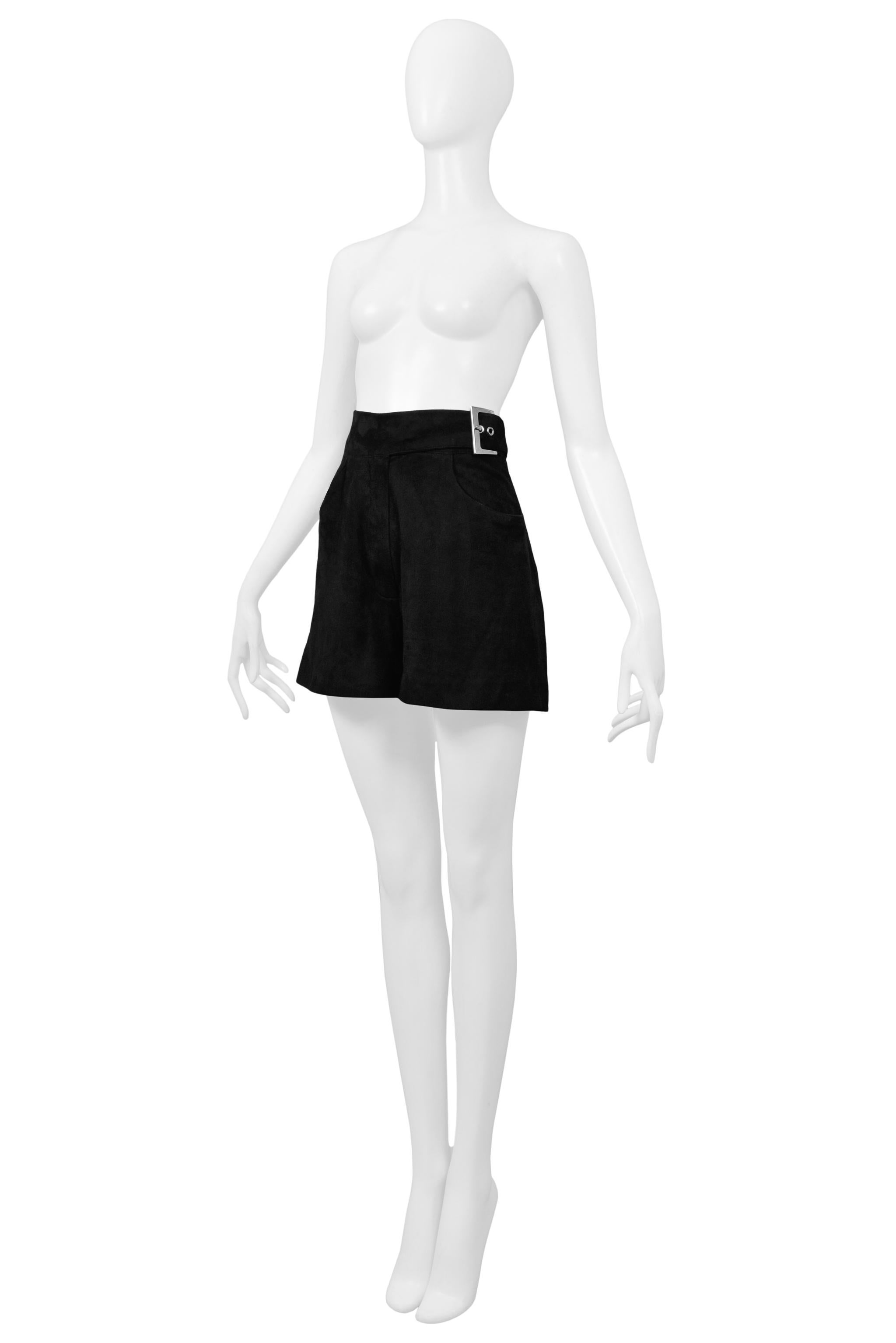 Gray Claude Montana Black Suede Belted Shorts With Silver Buckle For Sale