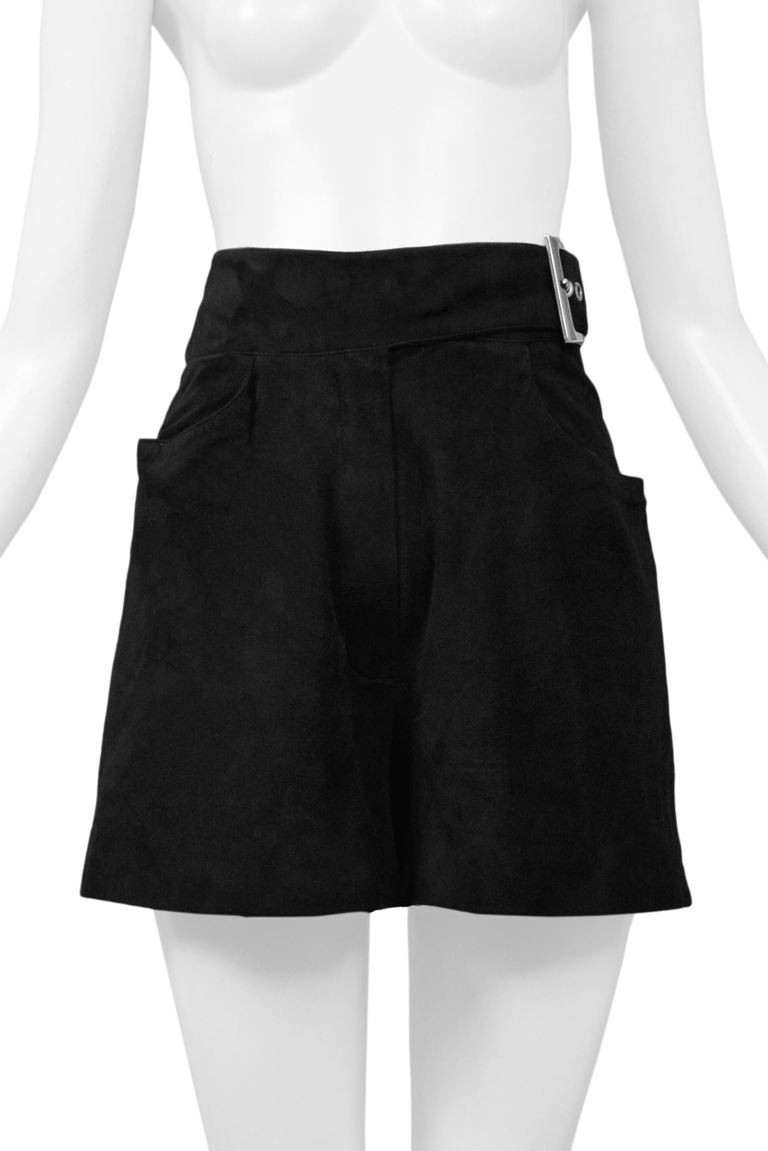 Claude Montana Black Suede Belted Shorts With Silver Buckle In Excellent Condition For Sale In Los Angeles, CA