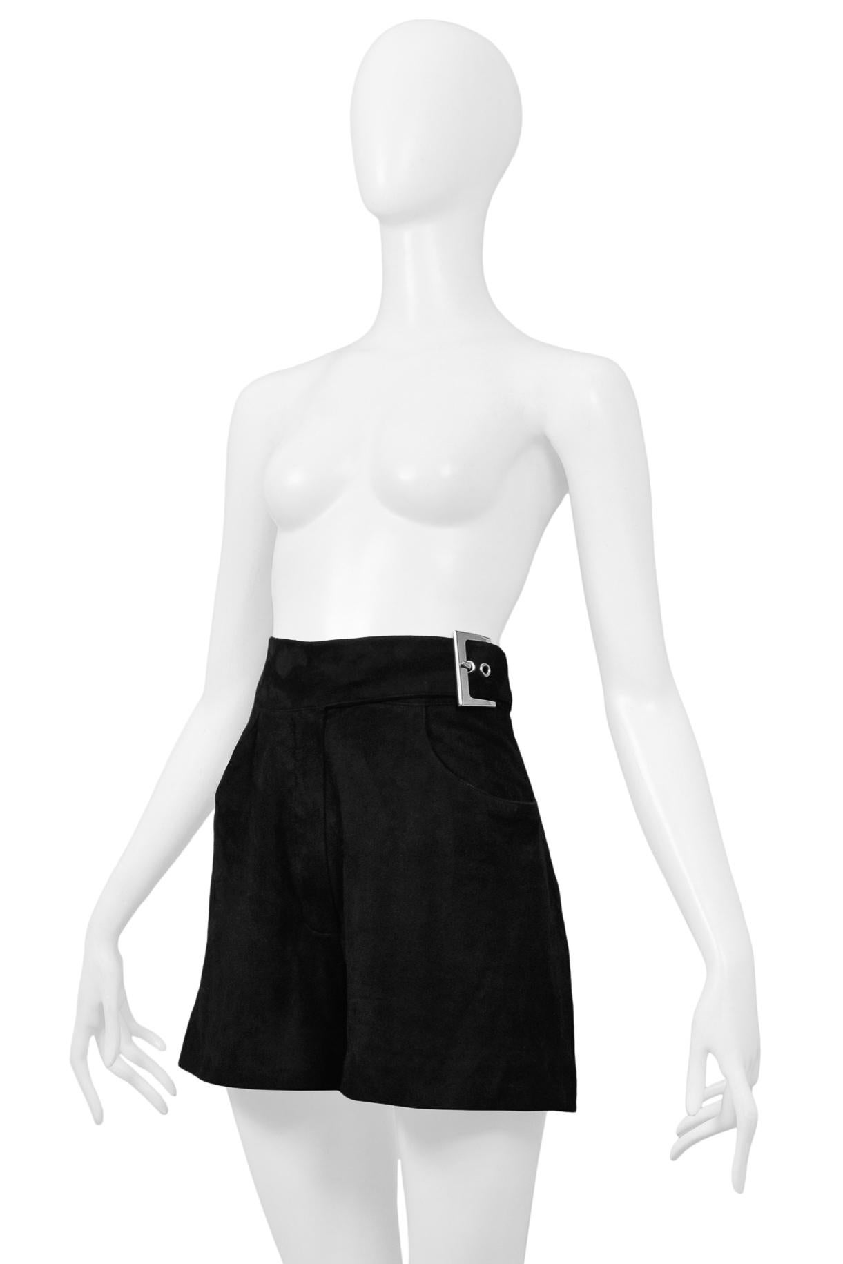 Women's Claude Montana Black Suede Belted Shorts With Silver Buckle For Sale
