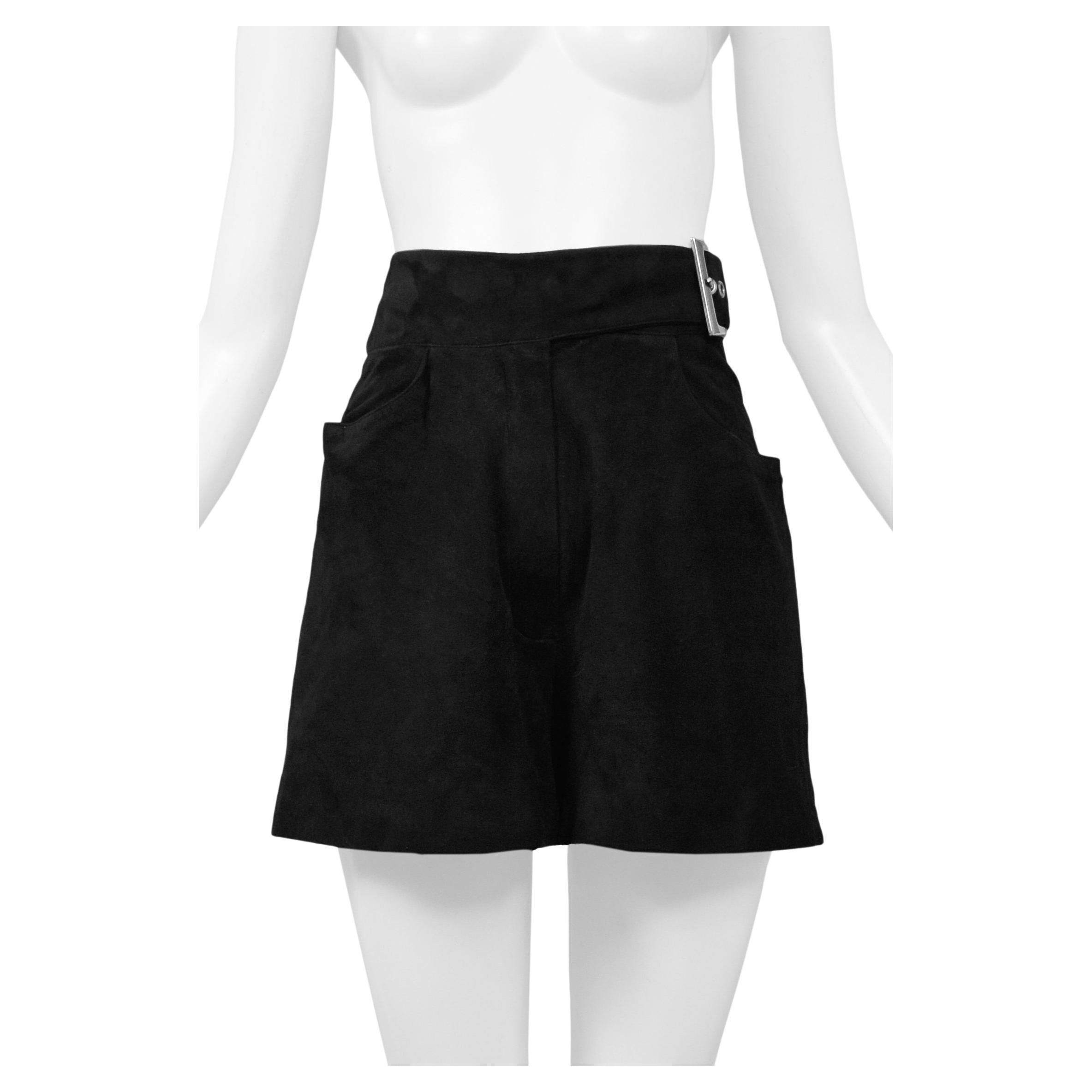 Claude Montana Black Suede Belted Shorts With Silver Buckle