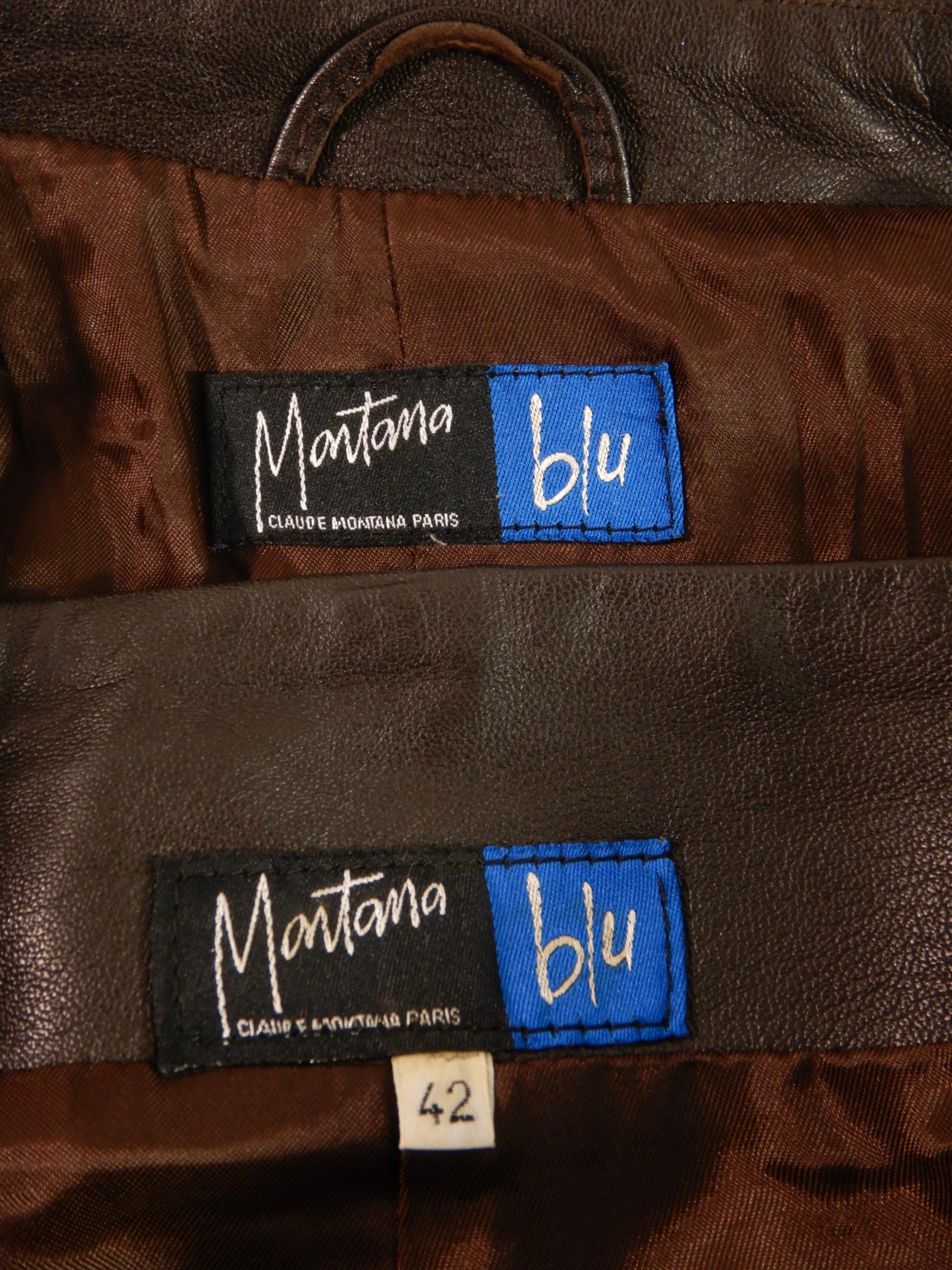 Claude Montana Blu Black Leather Jacket Skirt Suit For Sale 12