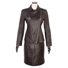 Claude Montana Blu Black Leather Jacket Skirt Suit