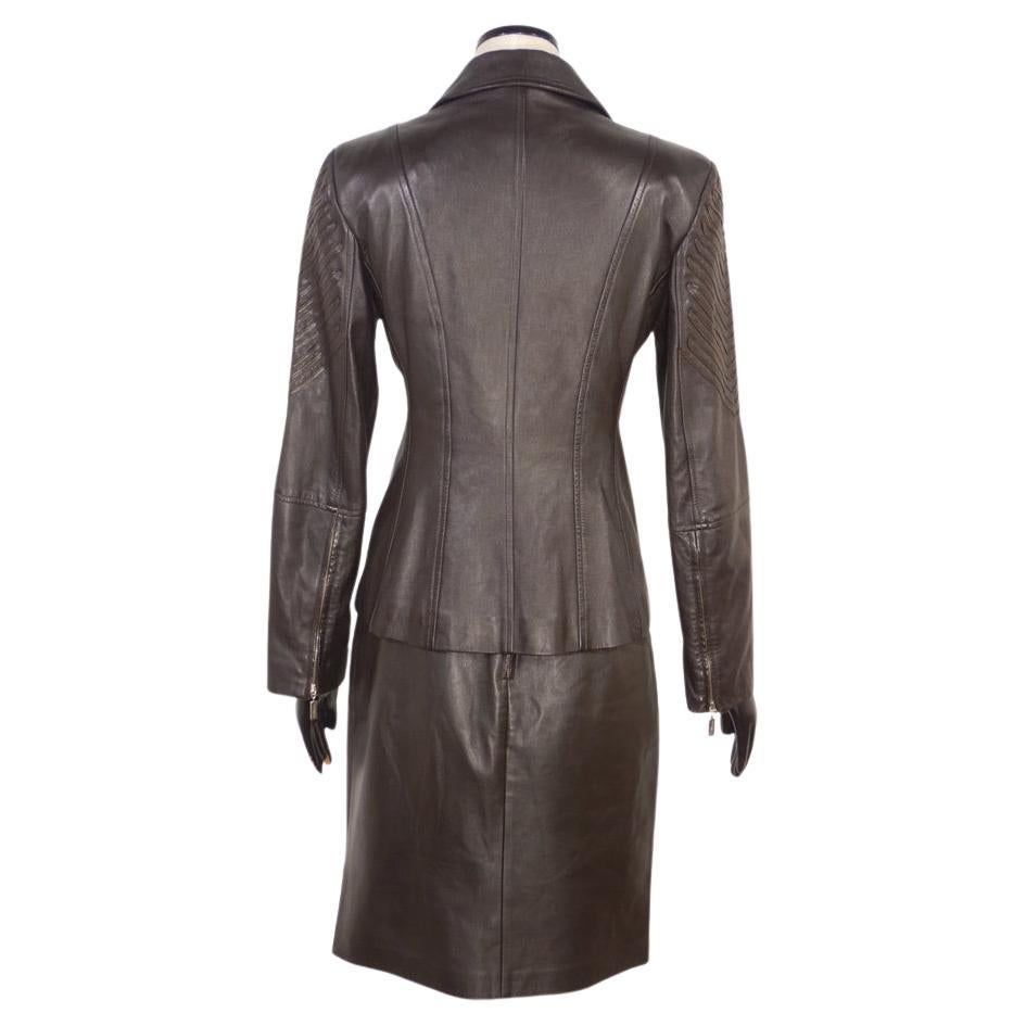 Claude Montana Blu Black Leather Jacket Skirt Suit In Good Condition For Sale In Oakland, CA