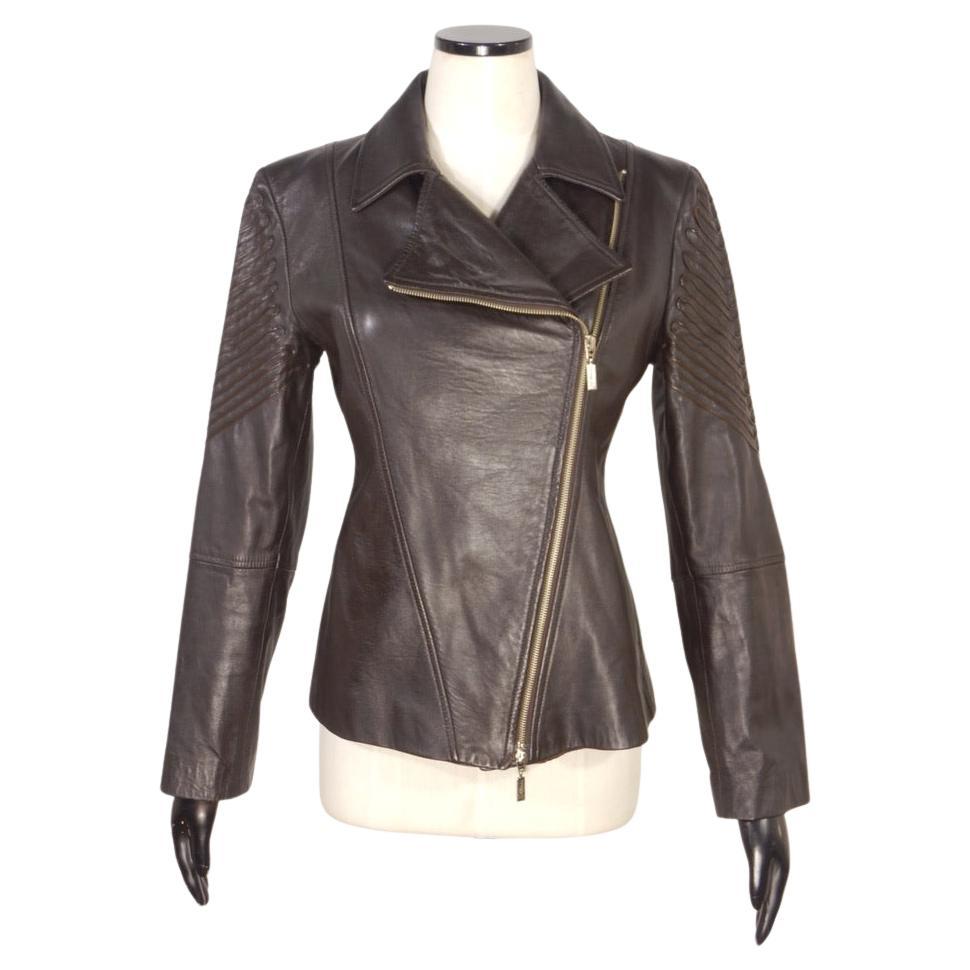 Women's Claude Montana Blu Black Leather Jacket Skirt Suit For Sale