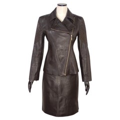 Claude Montana Blu Black Leather Jacket Skirt Suit