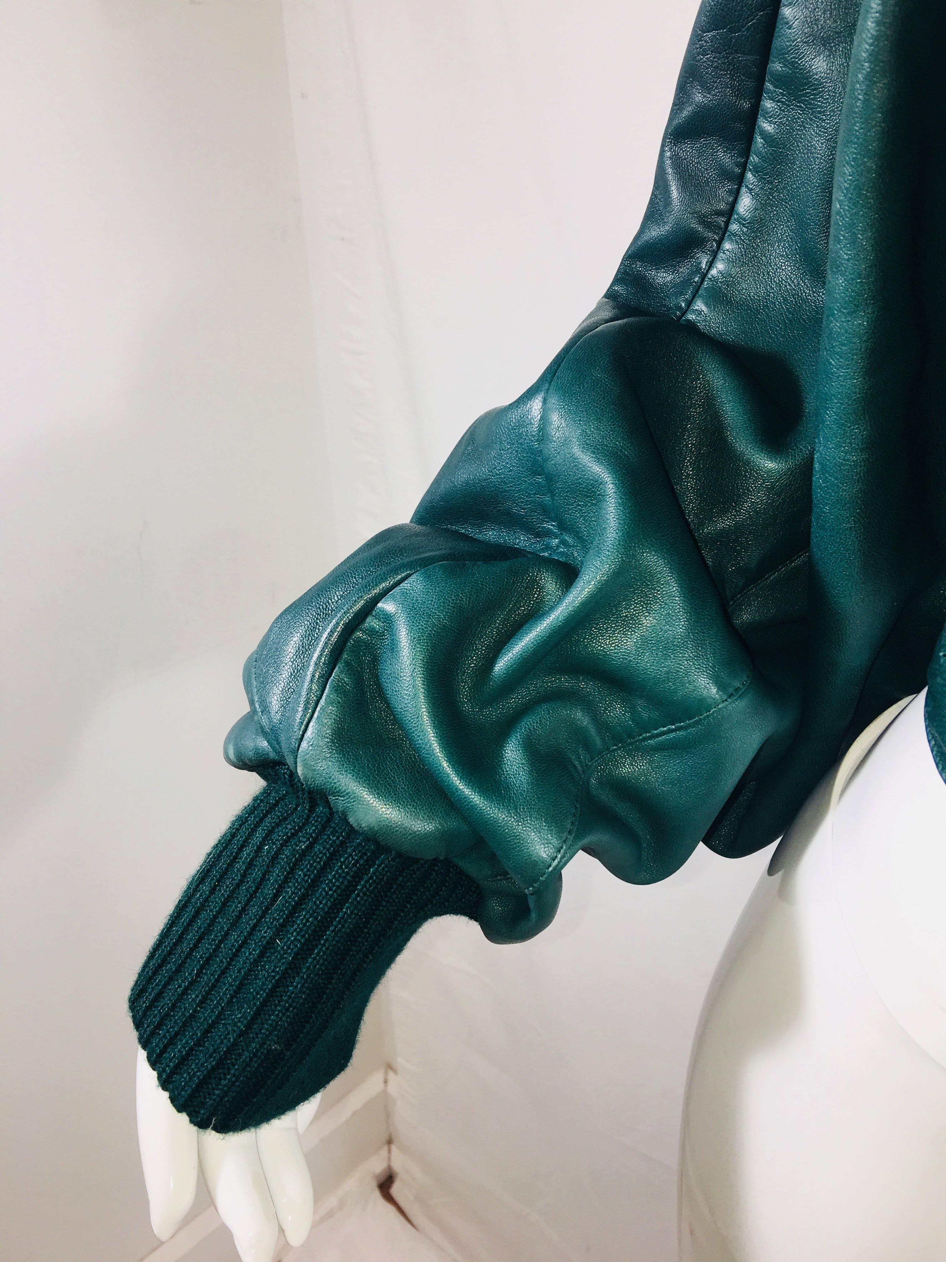 Claude Montana Forest Green Bomber Jacket in Lamb Leather. Cropped with Ribbed Collar and Cuffs.