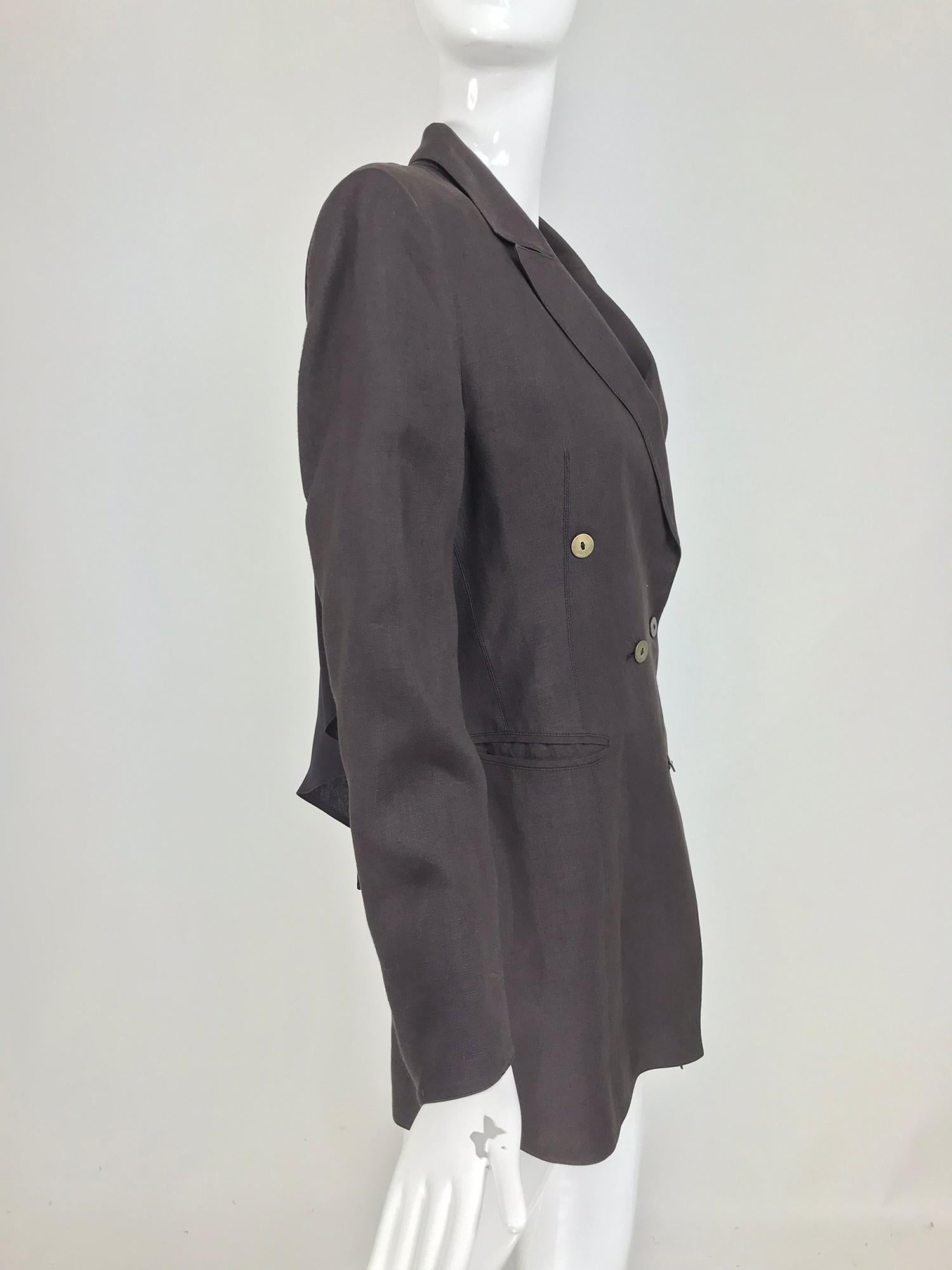 Women's Claude Montana Brown Linen Drape Open Back Jacket 1980s For Sale