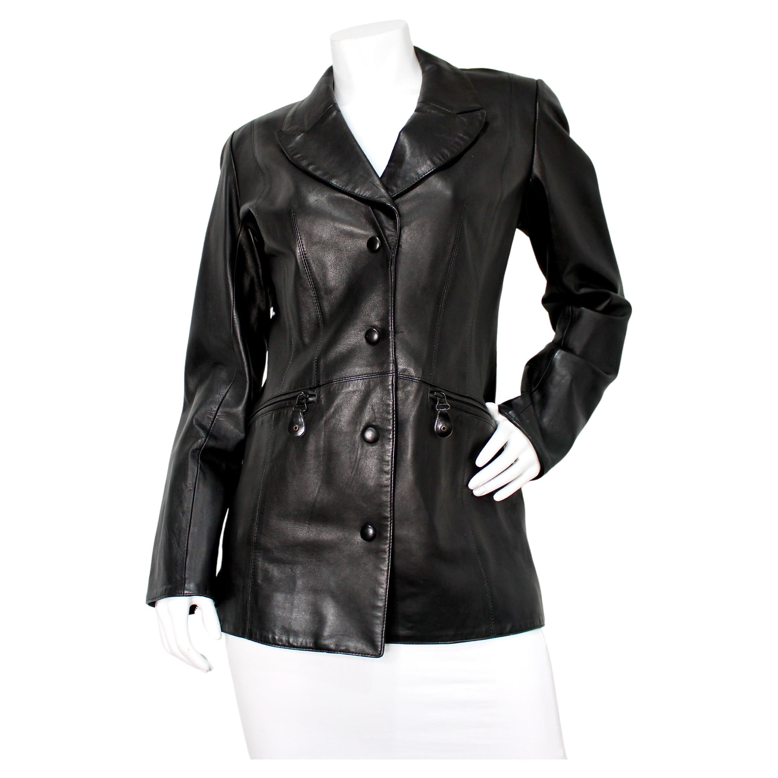 Claude Montana Capriccio Black Leather Button-Down Jacket circa 1990s For Sale